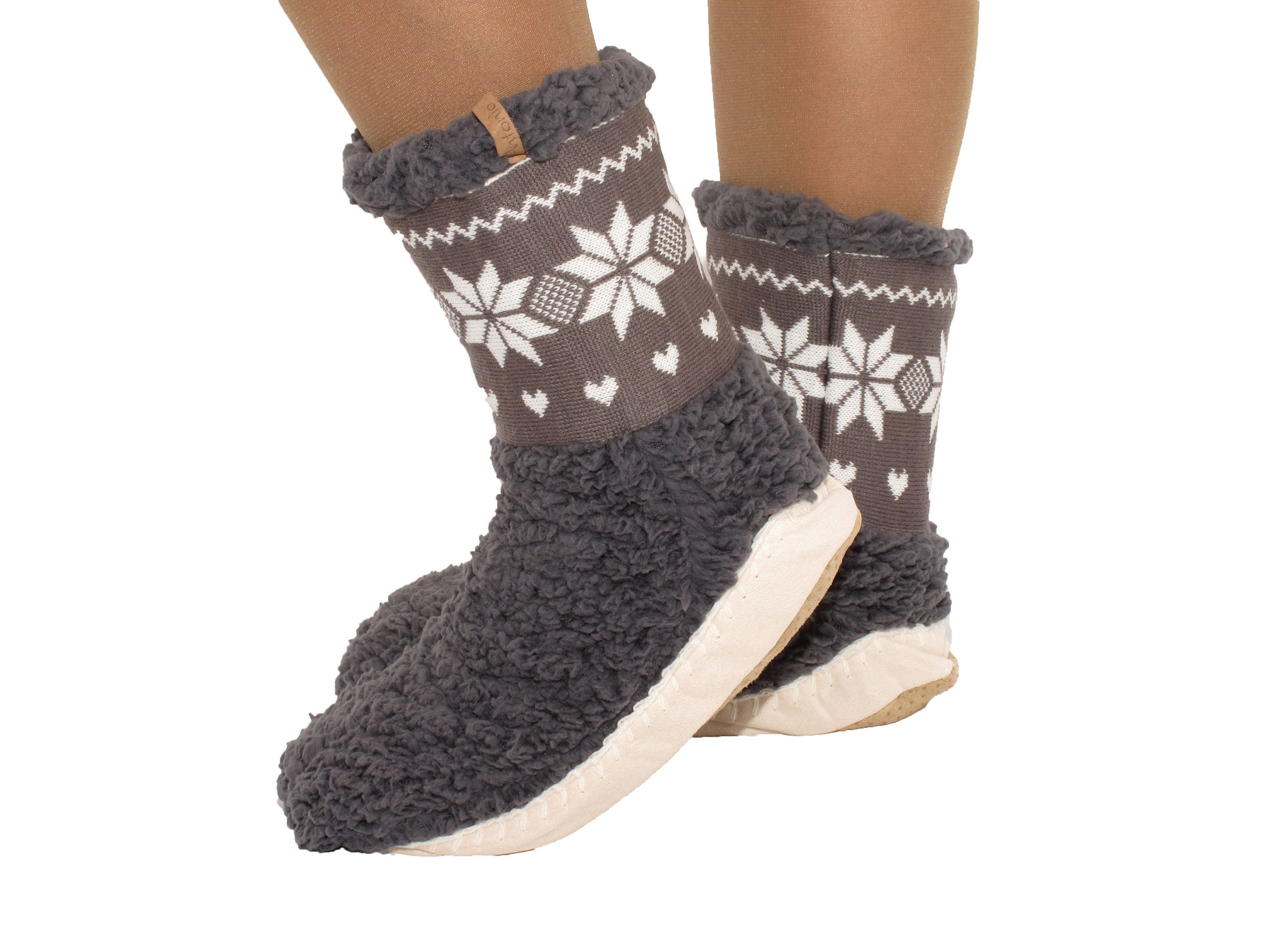 Markenwarenshop-Style Kuschelsocken Hüttensocken Hausschuhe mit Sohle Motiv Schneeflocke Mähmäh 35-38