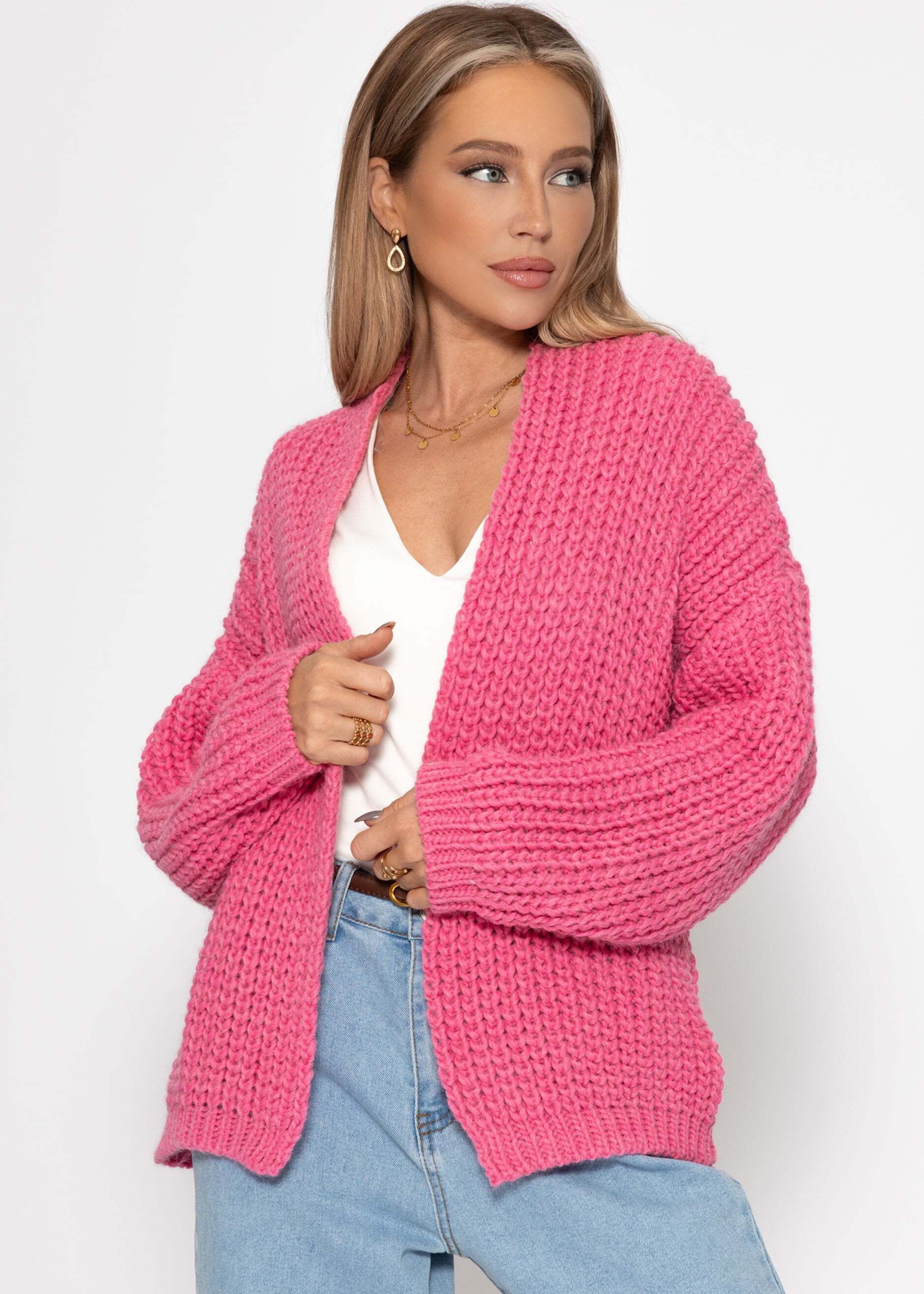 SASSYCLASSY Cardigan Strickjacke für Damen mit Stehkragen Cardigan aus Grobstrick mit Wolle- und Alpakawolleanteil Taupe Beige
