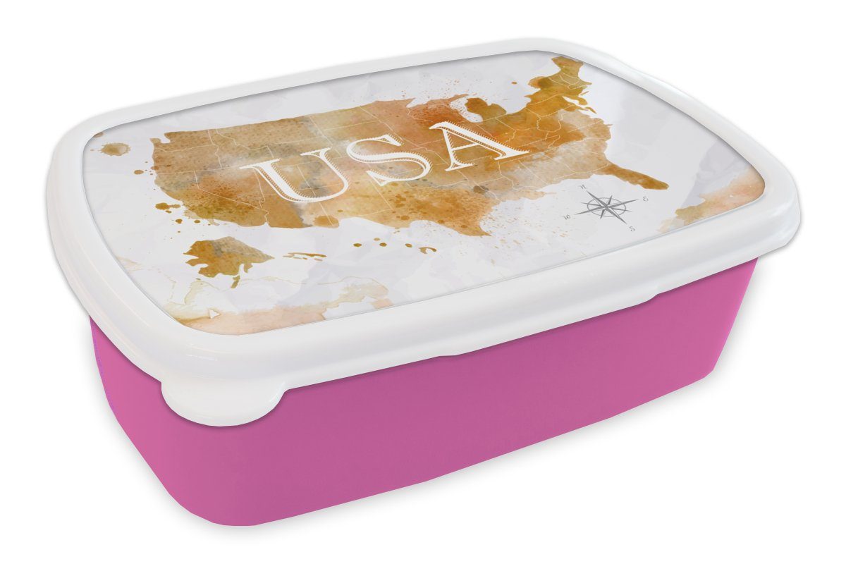 Vereinigte Brotbox für - Staaten Kunststoff, Erwachsene, - MuchoWow Brotdose rosa Lunchbox (2-tlg), Mädchen, Kunststoff Snackbox, Ölfarbe, Weltkarte Kinder,
