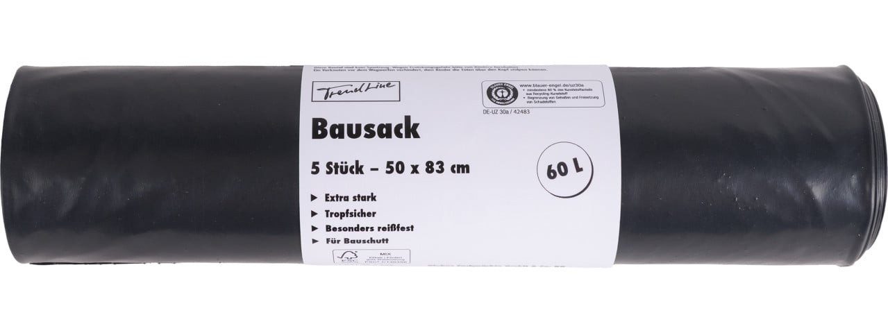 Trend Line Müllsack Trendline Bausack 60 L, 150 mµ, schwarz, 5 Stück