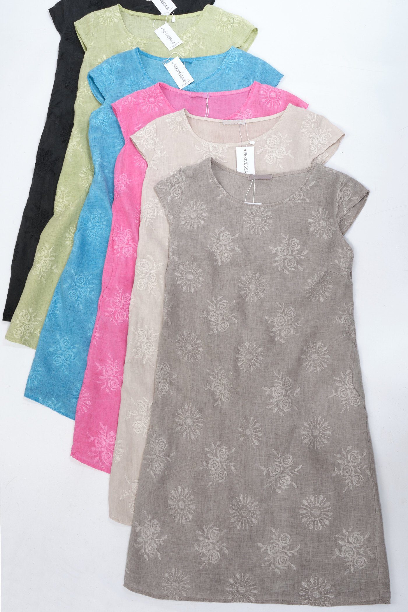 PEKIVESSA Sommerkleid Leinenkleid kurzarm knielang Damen Stickerei (1-tlg) v2-schwarz mit