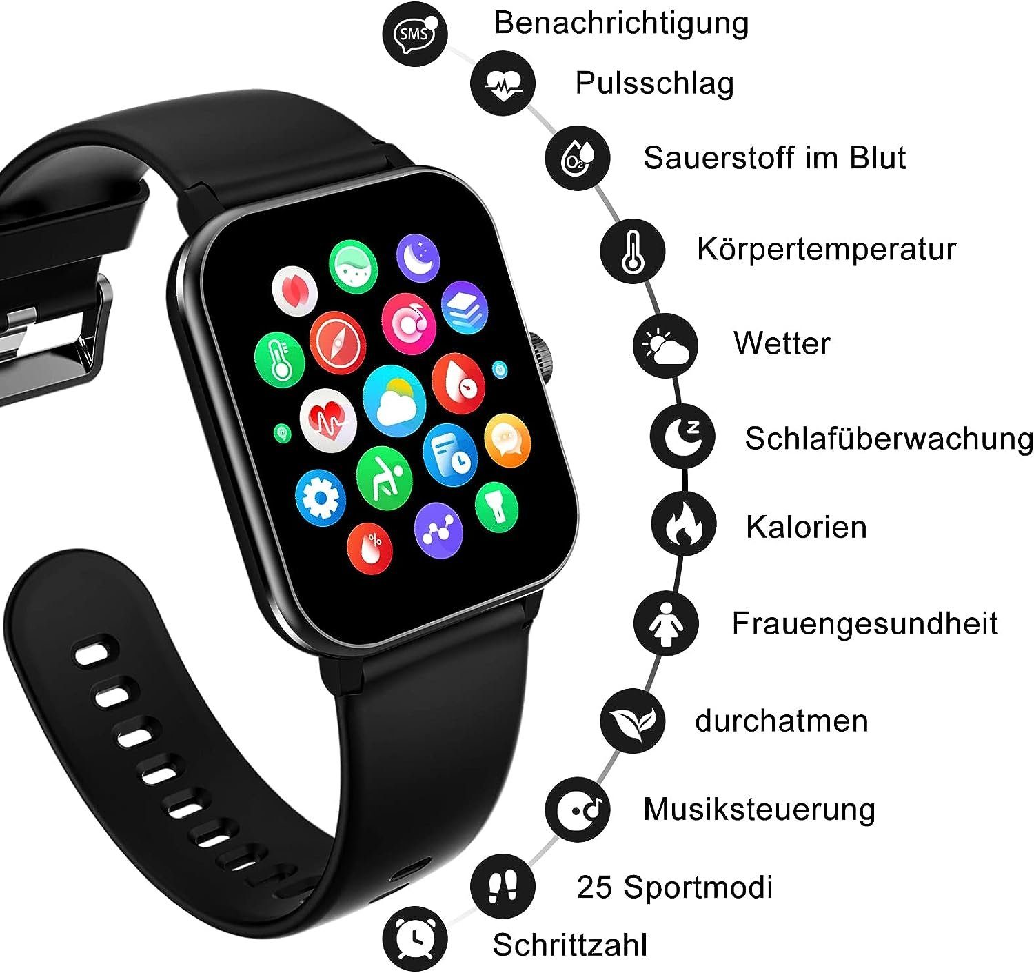 IOWODO Smartwatch (1,69 Zoll, Android iOS), Herren IP68 Wasserdicht  Fitnessuhr Tracker Pulsschlag Schlafmonitor