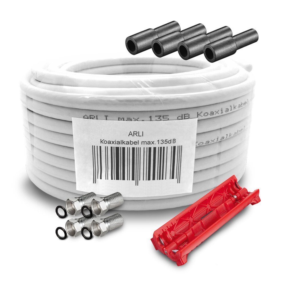 ARLI 10m Koaxialkabel + 4x F-Stecker + 4x Gummitülle + Abisoliermesser TV-Kabel, F Stecker, mit breiter Mutter und Dichtring (1000 cm), 10 m TV Sat Koax Kabel Set