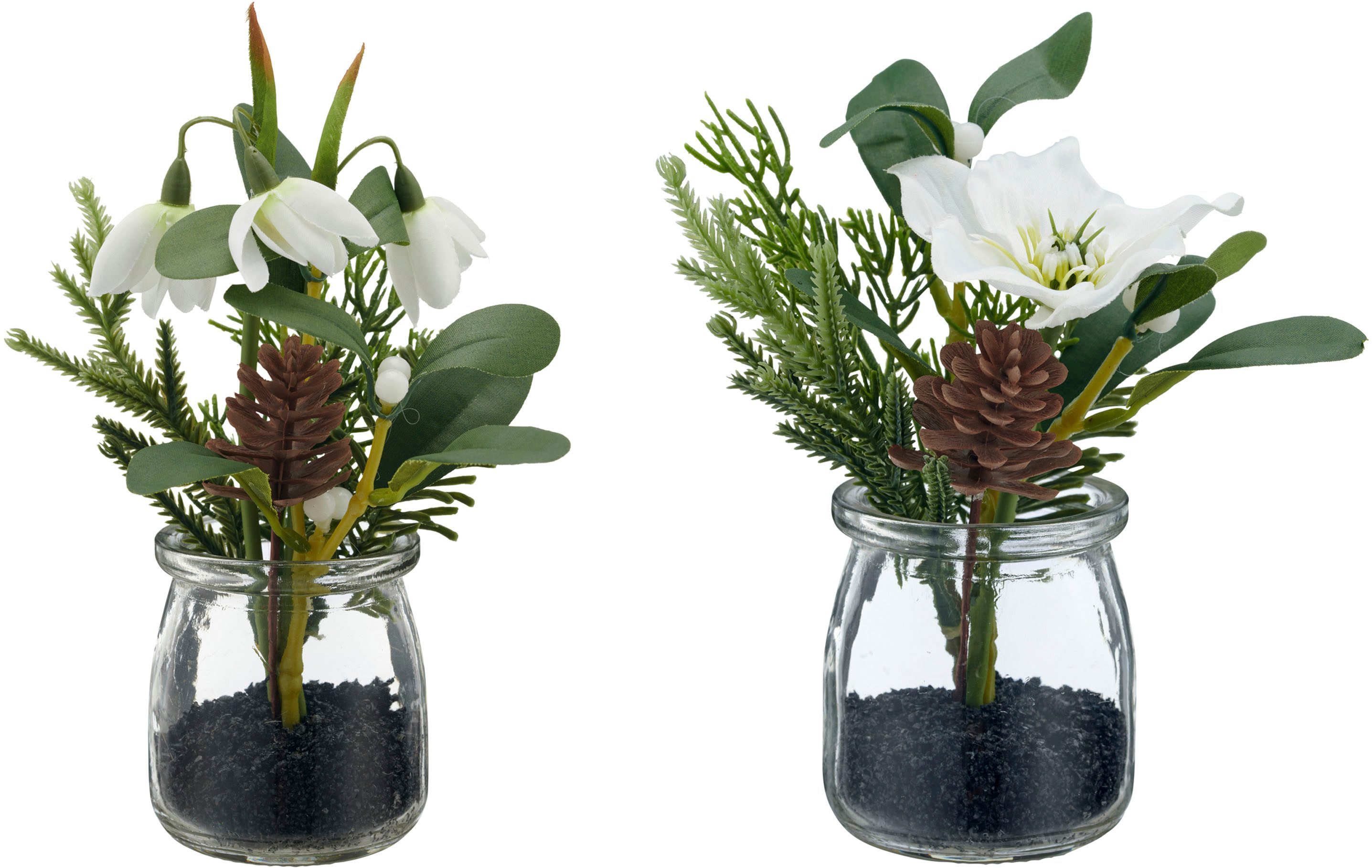 Winterliche Kunstpflanze Schneeglöckchen und Christrose, Creativ green, Höhe 20 cm, im attraktiven Glasgefäß