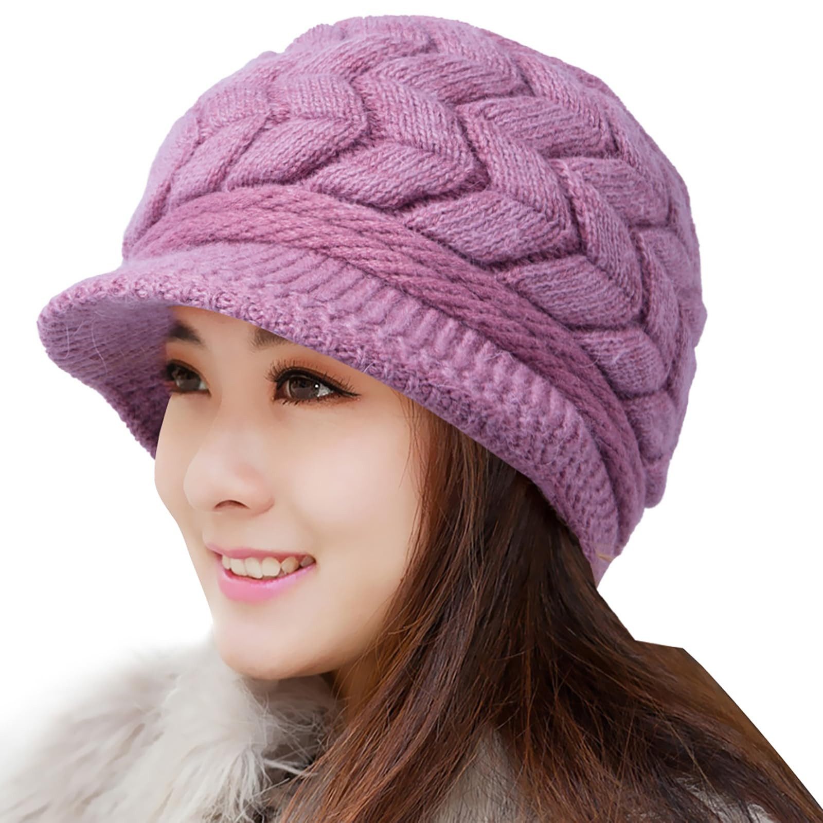Coonoor Strickmütze Damen Wintermütze aus dickem, Warm gefütterte Strickmütze Beanie mit Schirm, Einheitsgröße, warm, weich