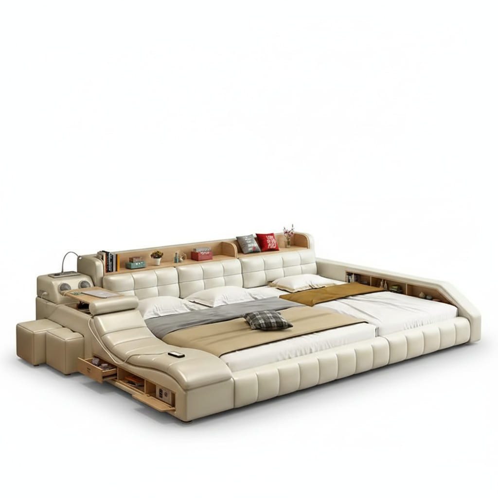 JVmoebel Multimediabett Multifunktionales Bett Moderner Stil Beigefarben Holzrahmen Bequem (3-tlg)