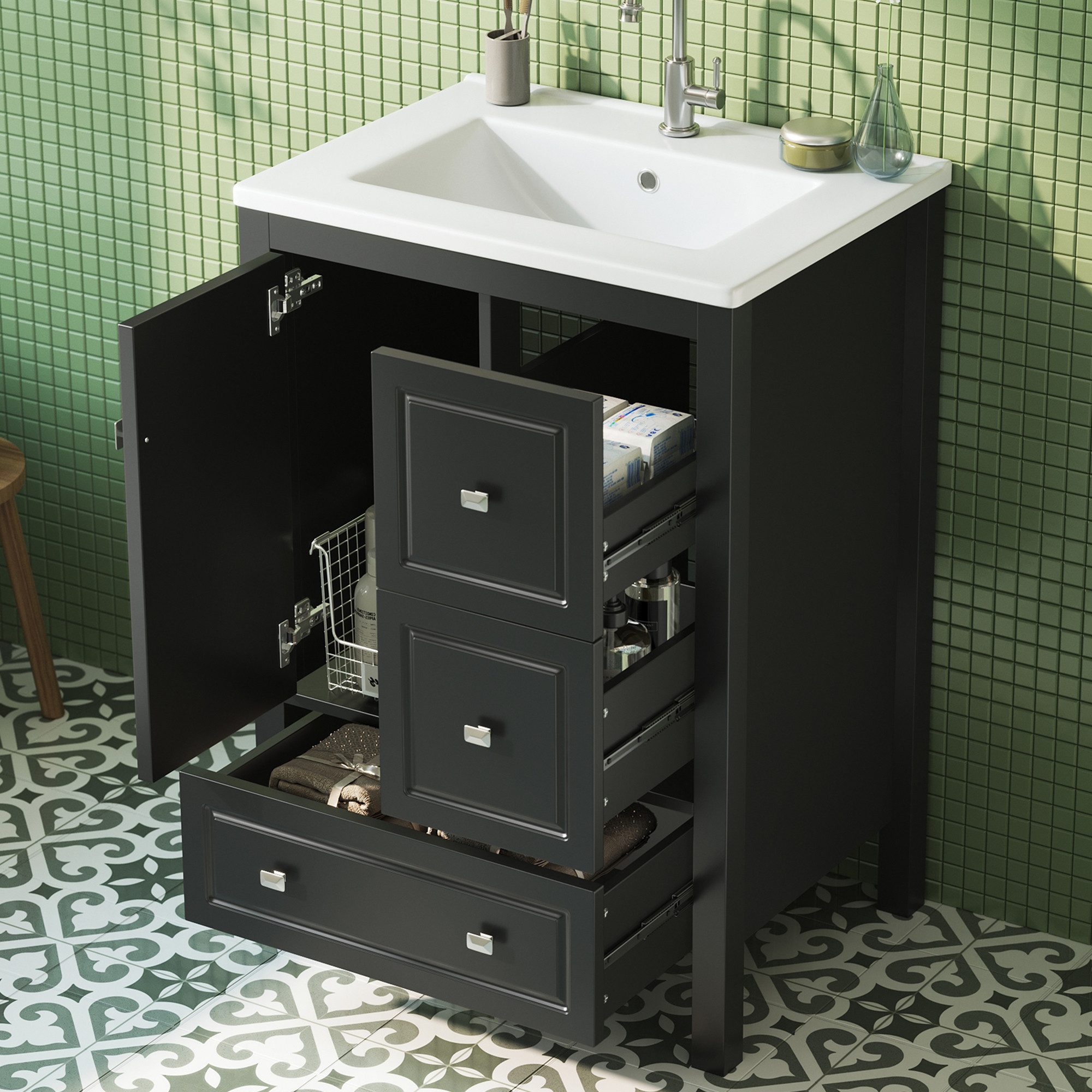 HAUSS SPOLE Waschbeckenunterschrank mit Keramikbecken und Stauraum,Badezimmerwaschtisch in Schwarz (Freistehender Waschtisch Badmöbel mit Integrierter Keramik-Überlaufschutzbecken) Badezimmerwaschtisch mit einem 3D-Prägeprofil und Metallgriffe