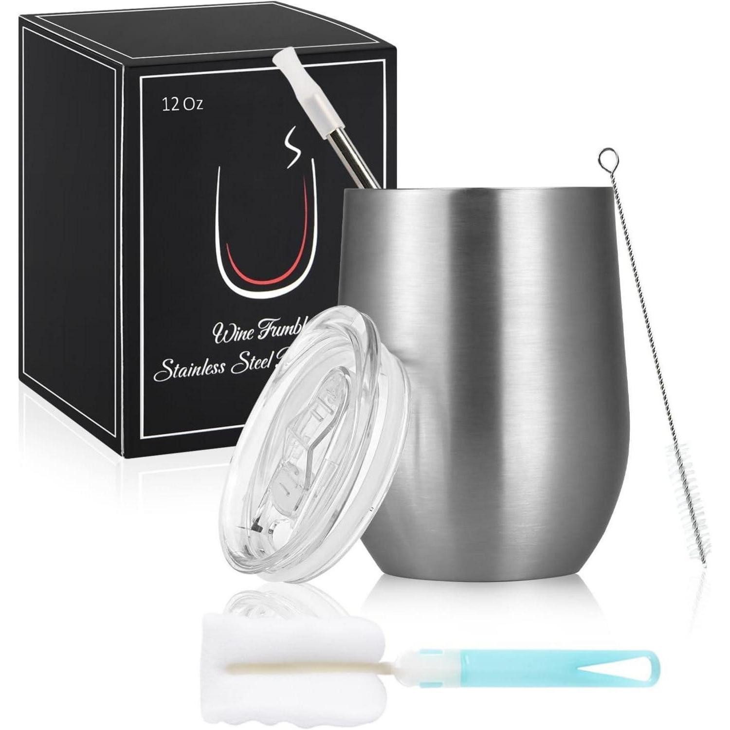 LuxusKollektion Weinglas Weinbecher Edelstahl doppelwandig Deckel Stemless Silber 1 Stück
