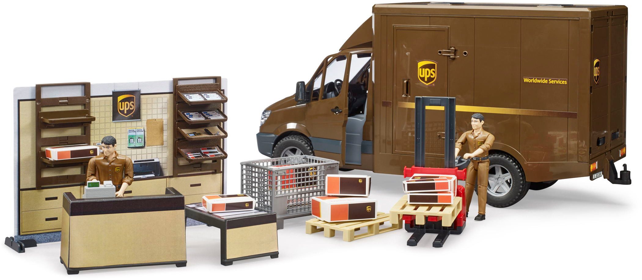 Bruder® Spielfigur Spielfiguren Set Nutzfahrzeuge bworld UPS Paketshop mit günstig online kaufen