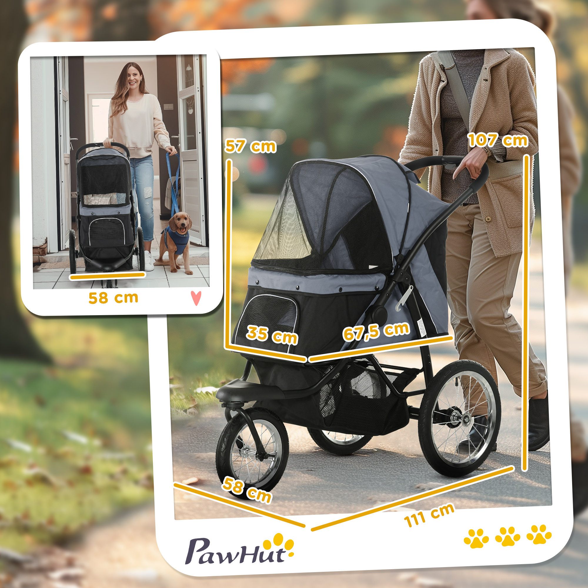PawHut Hundebuggy Katzenwagen mit geländegängige Gummiräder Kissen Buggy, (Hundewagen, 1-tlg), für Hunde & Katzen bis 20 kg, Grau – Bild 3 von 5