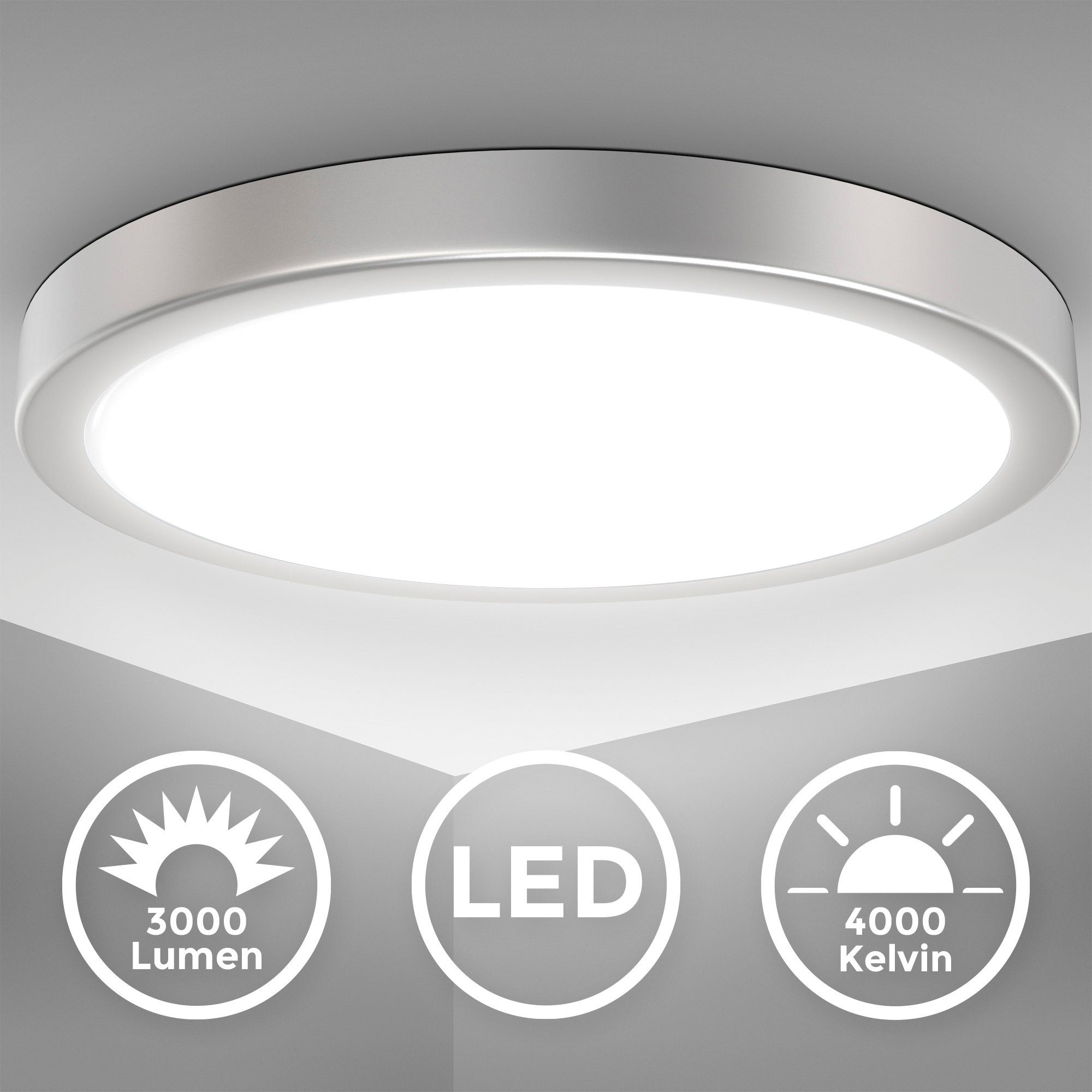 B.K.Licht LED Deckenleuchte integriert, Licht, 4.000K, Neutralweißes fest 24W, Küchenlampe Deckenlampe, Ø38cm, Neutralweiß, 3.000Lm, BK_DL1537 Silberfarbig, LED LED
