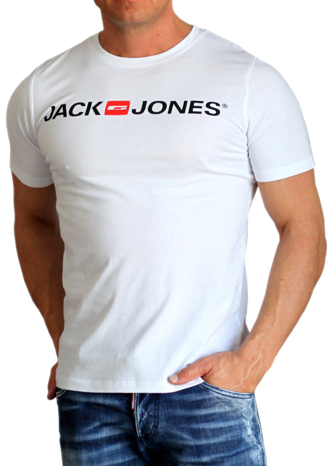 mit Printdruck, aus 3er-Pack) Jack (Spar-Set, 5 Jones & Mix T-Shirt Baumwolle Slim