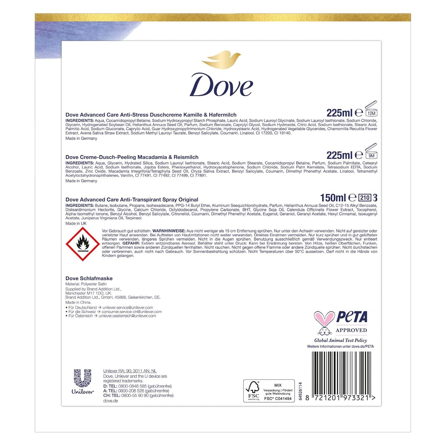 DOVE / UNILEVER Pflege-Geschenkset 1x Dove Geschenkset "Entspannt", 1-tlg., mit Duschcreme, Anti Transpirant, Dusch-Creme-Peeling und Schlafmaske