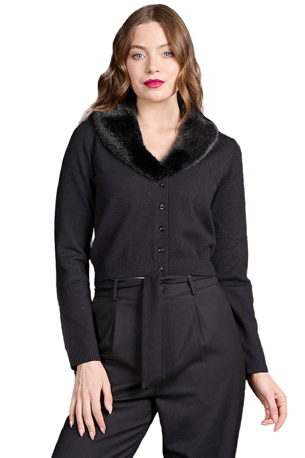 Banned Strickjacke Sonia Faux Fur Cardigan Schwarz Vintage Kunstfell