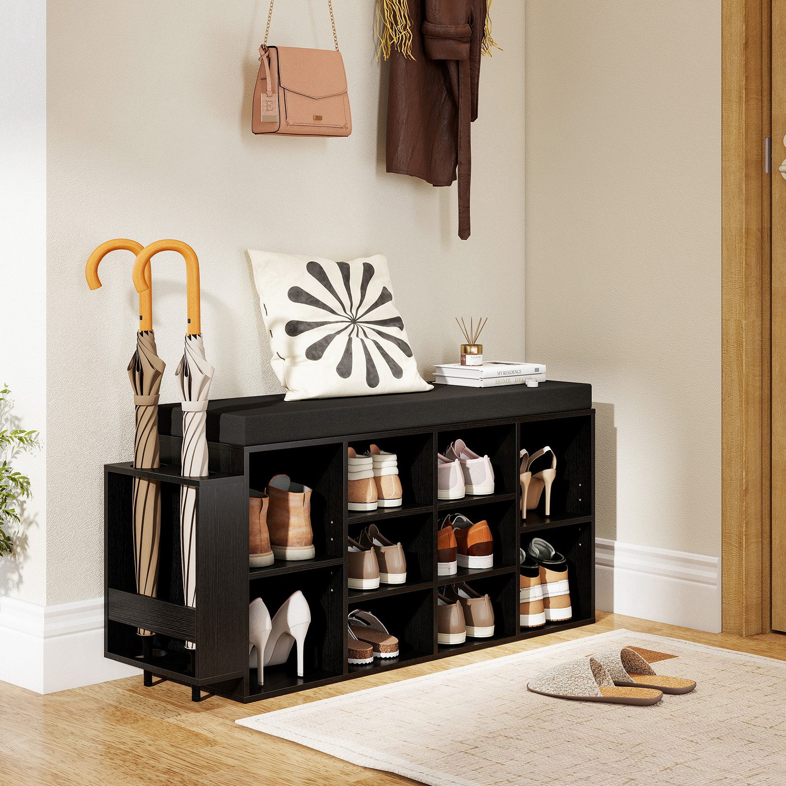COSTWAY Schuhbank, mit Schirmhalter & gepolsterter Sitzfläche Schuhregal 110cm