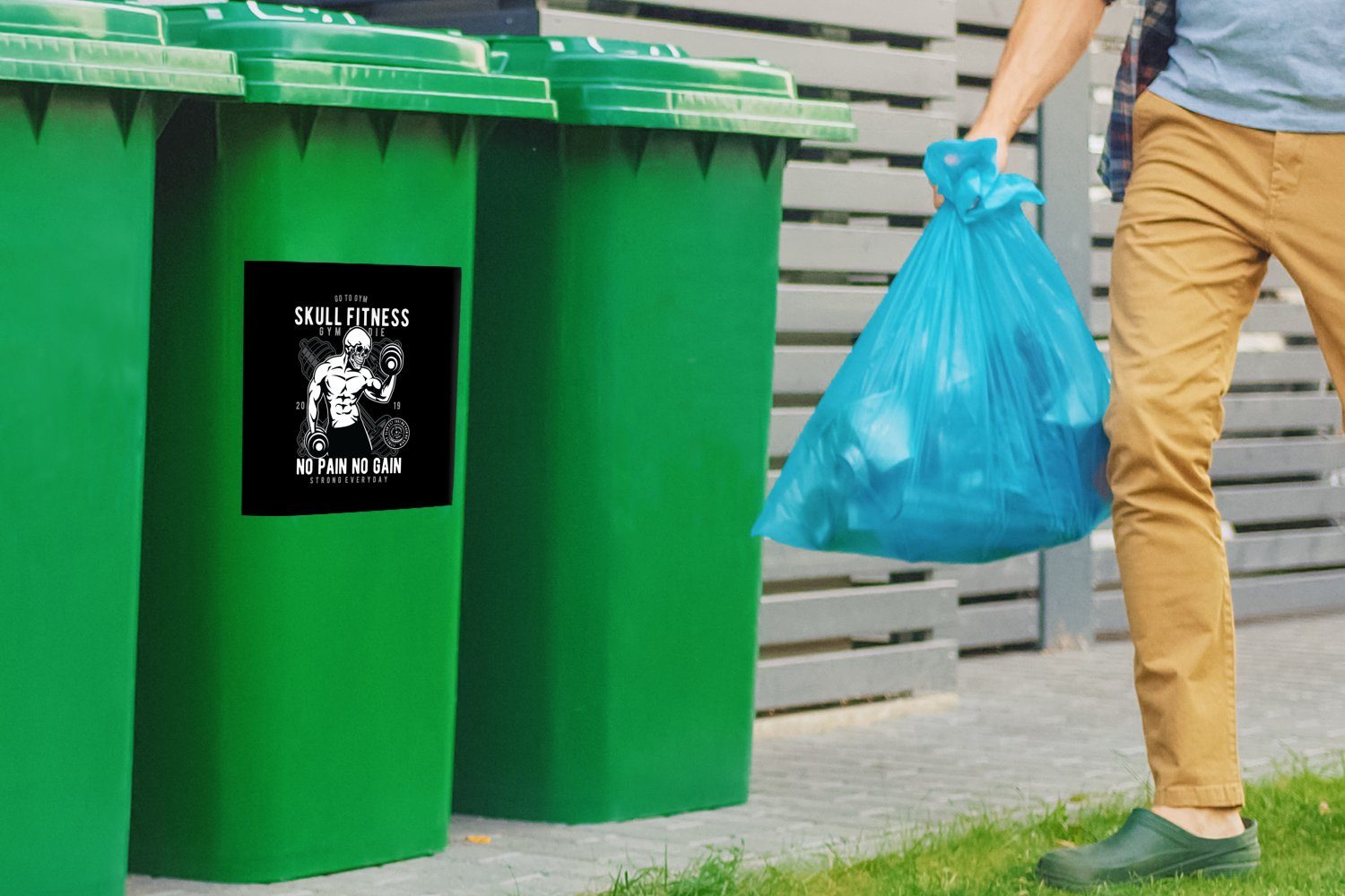 Mülltonne, Abfalbehälter Container, Gewichte - MuchoWow Retro (1 Wandsticker Sticker, Skelett Fitness Mülleimer-aufkleber, - St), -
