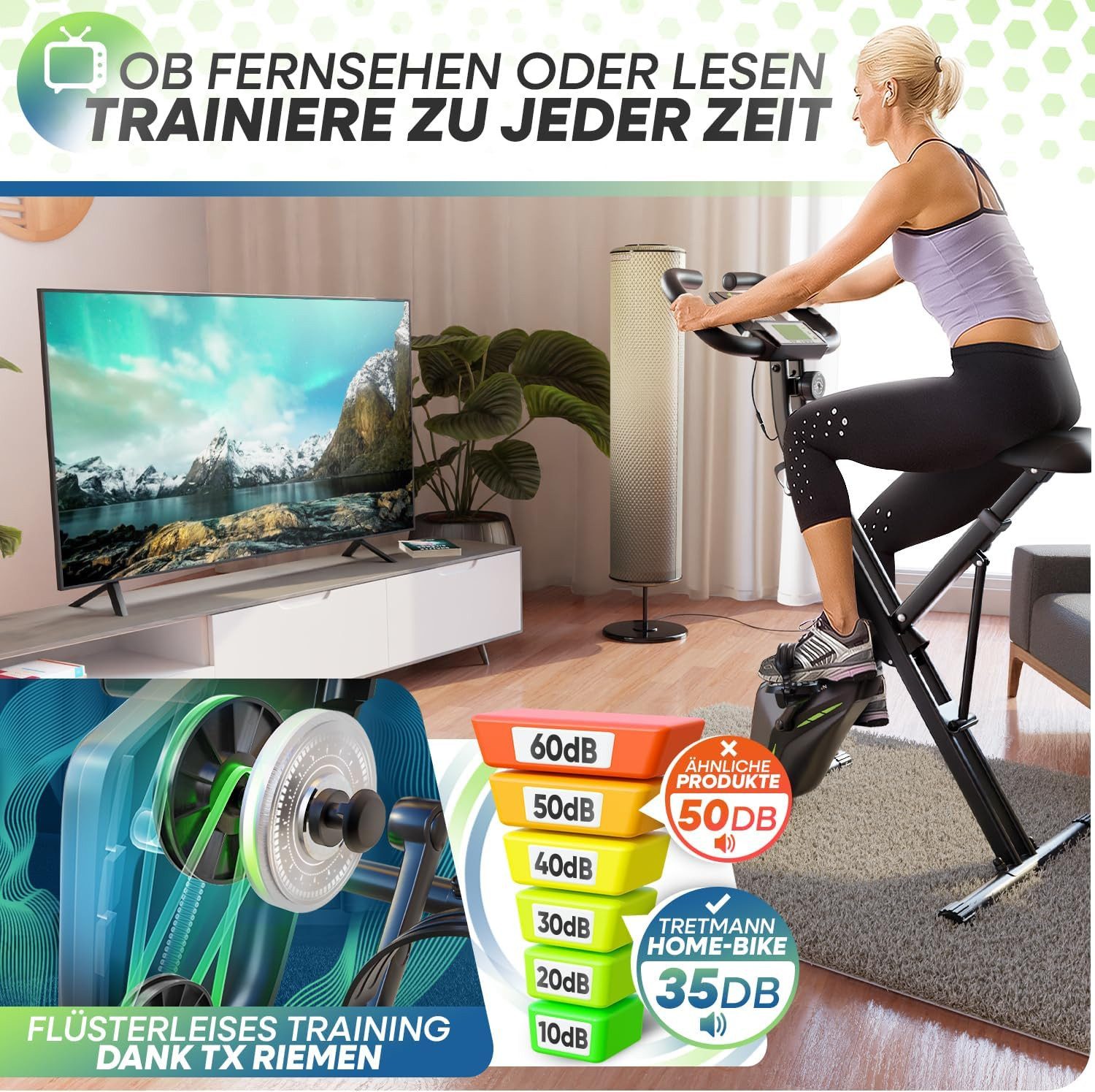 Tretmann Heimtrainer Fitnessbike - Hometrainer Fahrrad Klappbar Set-extra bequem & leise (Relax Sattel bis 150KG Belastbar, Heimtrainer Fahrrad, Heimtrainer Senioren, Indoor Bike, Fitnessbikes), 16 Widerstandsstufen - Gelenkschonend - DEKRA-geprüft