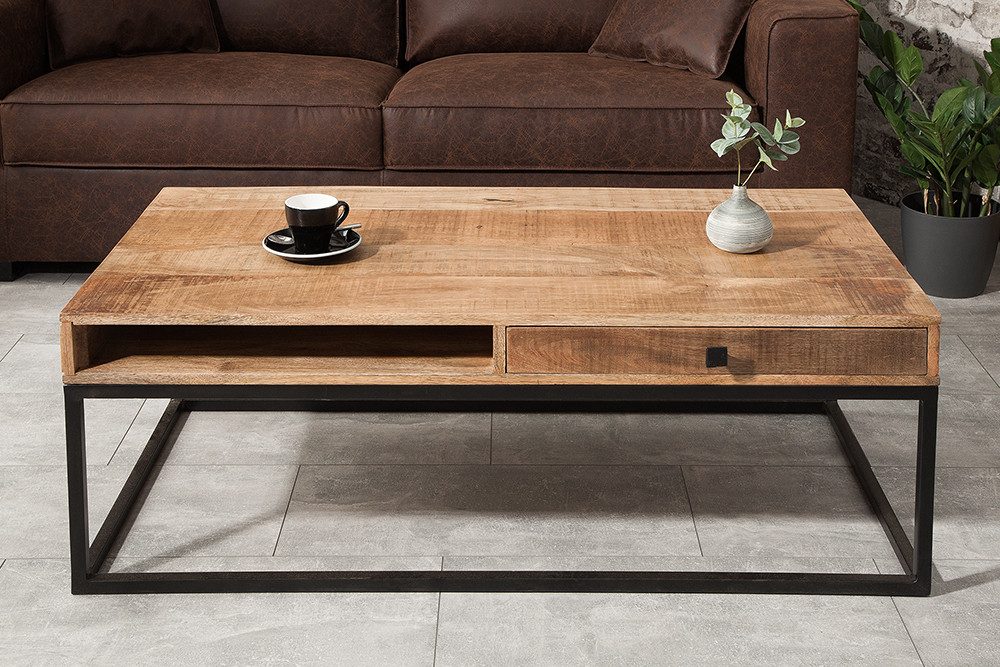 riess-ambiente Couchtisch IRON CRAFT 100cm natur / schwarz (Einzelartikel, 1-St), Wohnzimmer · Massivholz · Metall · eckig · mit Schublade · Industrial