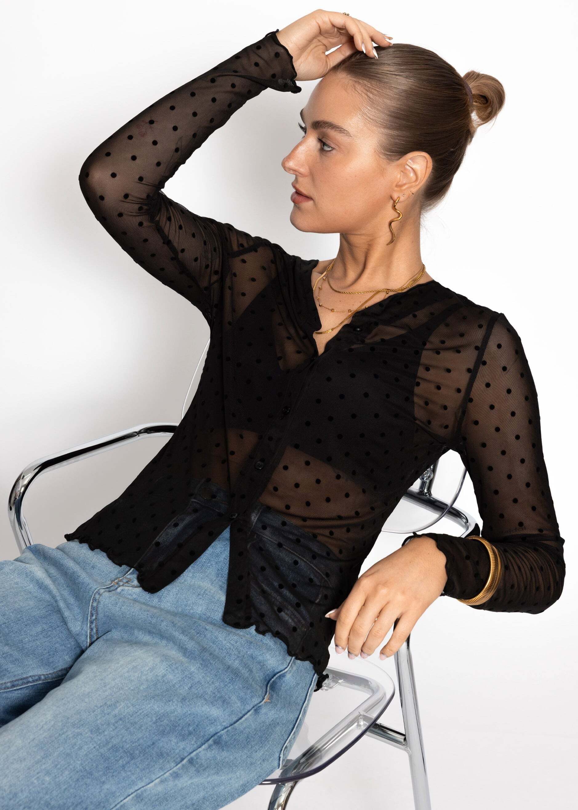 SASSYCLASSY Longshirt Mesh-Bluse mit Punktemuster für Damen Transparentes Langarmshirt mit Knopfleiste und dezentem Stehkragen – Bild 4 von 5