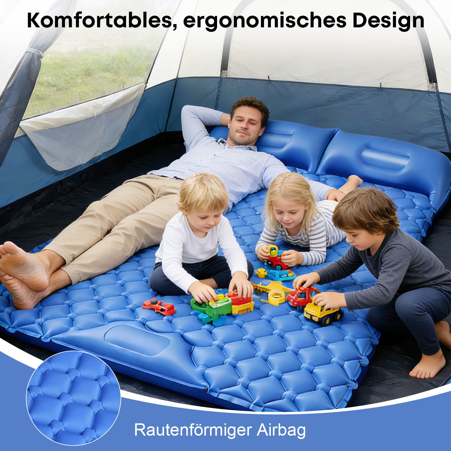 CkeyiN Pro Isomatte Camping,Outdoor Luftmatratze,200*120 cm,Integrierten kopfkissen, (Wasserdicht,mit Fußpressepumpe und Kissen, Anti-Ripstop Schlafmatte, Zwei Spieler,10CM Verdicktes,für Wandern und Strand)