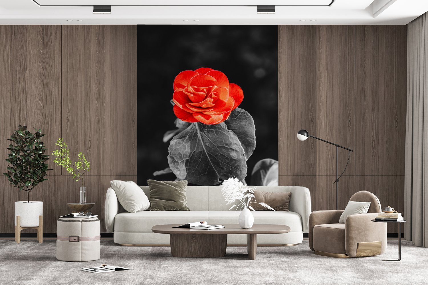 - Weiß für Tapete - Montagefertig - Rot, (3 bedruckt, St), Rose Matt, Schwarz Wandtapete MuchoWow Vinyl Blumen - Wohnzimmer, Fototapete