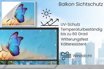 MuchoWow Balkonsichtschutz Schmetterling - Löwenzahn - Blau (1-St) Balkonbanner, Sichtschutz für den Balkon, Robustes und wetterfest