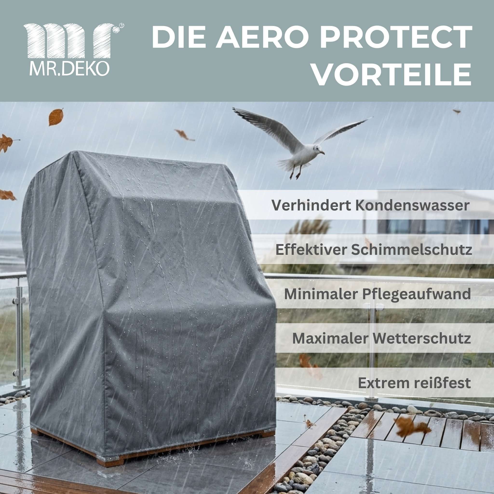 MR.DEKO Strandkorb-Schutzhülle Aero Protect S – Atmungsaktiv & Wetterfest, Dunkelgrau (Passend für 2-Sitzer z.B. Modelle Düne, Seeblick, 1-St), Abdeckung, Reißverschlüssen & Zugband – Schutz vor Schimmel & Regen
