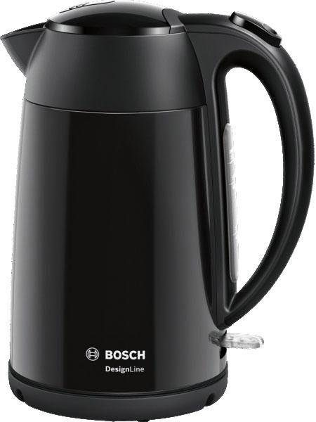 BOSCH Wasserkocher DesignLine TWK3P423, Ausgießen ohne Spritzer, Tassenanzeige, 1,7 l, 2400 W, Überhitzungsschutz, Schwarz