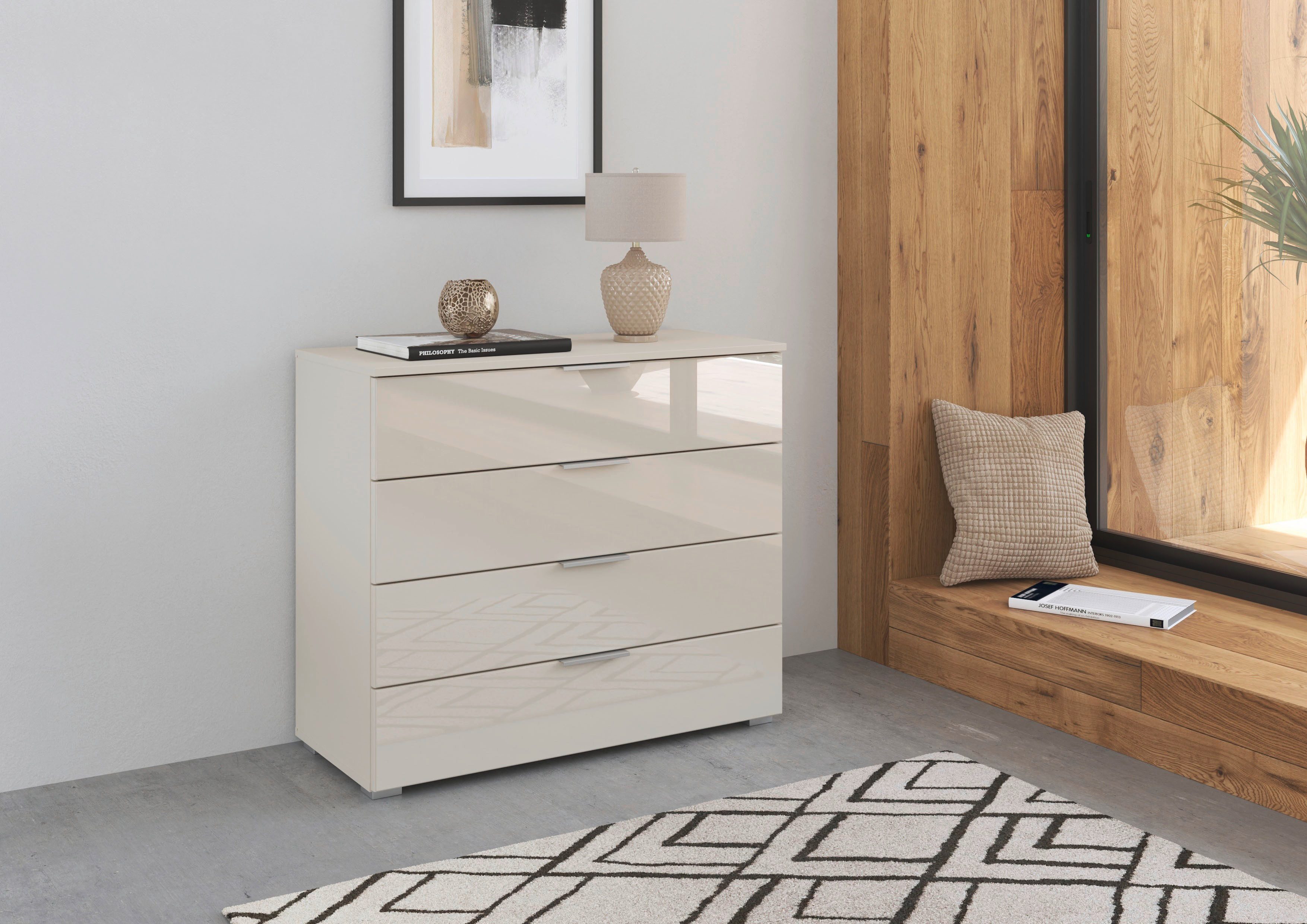 OTTO home Schubkastenkommode Sideboard Schubladenkommode Schubladenkommode AGORDO mit Glasfront (in zwei Griff-Farben, Breite 80 cm), vier große und geräumige Schubladen mit viel Stauraum MADE IN GERMANY