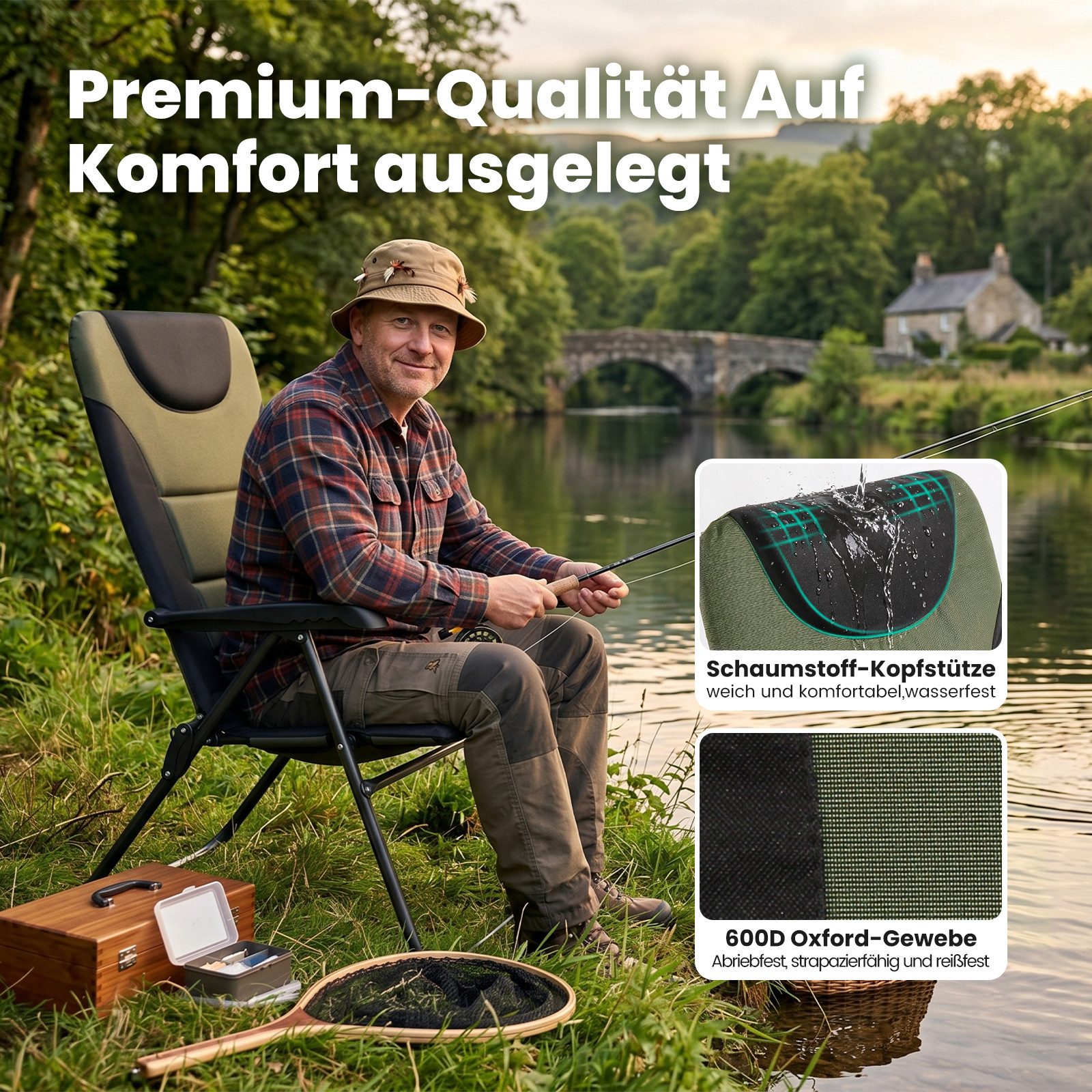 HOMECALL Campingstuhl Gartenstuhl Gepolsterter Klappstuhl für Wohnwagen Outdoors-150kg (2 St), Hochlehner Anglerstuhl mit 5-fach verstellbarer Rückenlehne – Bild 4 von 5