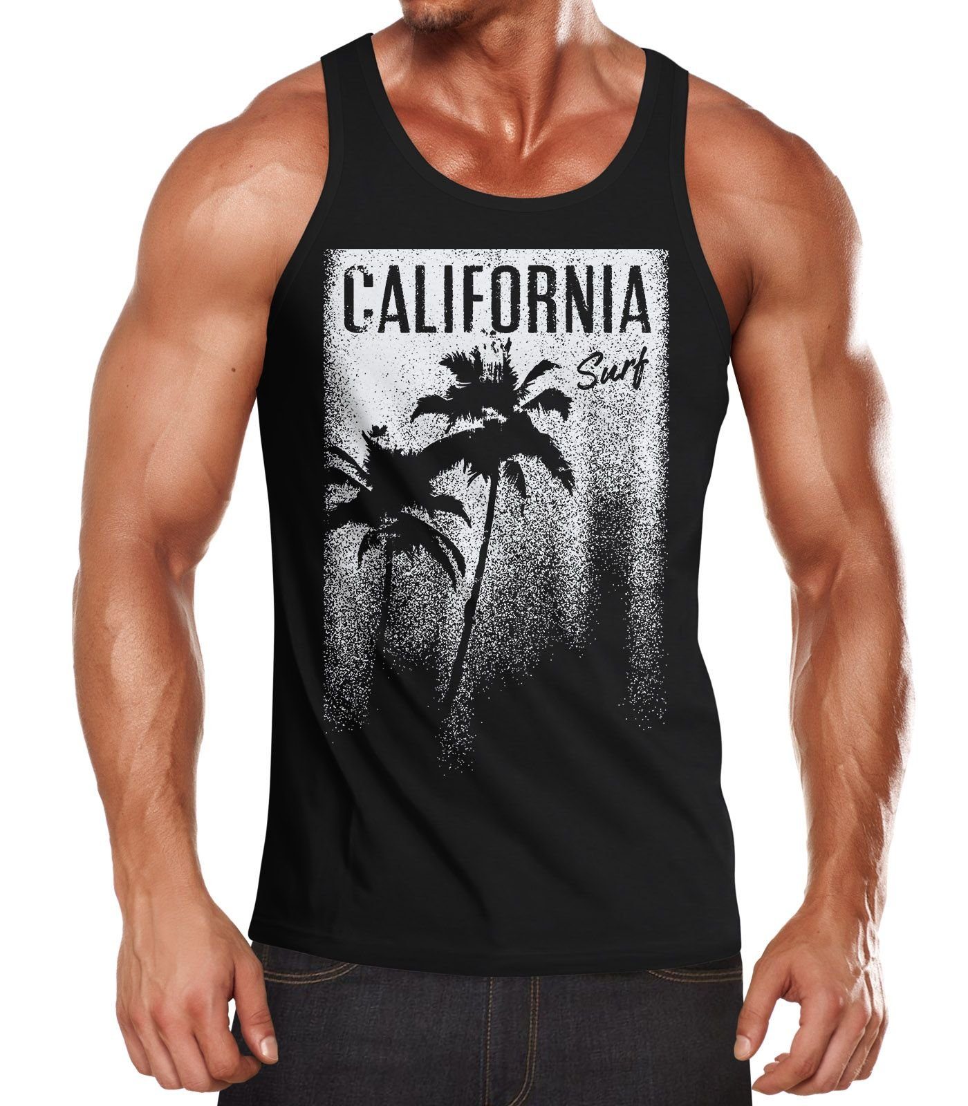 Neverless Tanktop Cooles Herren Tank-Top Surf Neverless® schwarz California mit Palmen Print