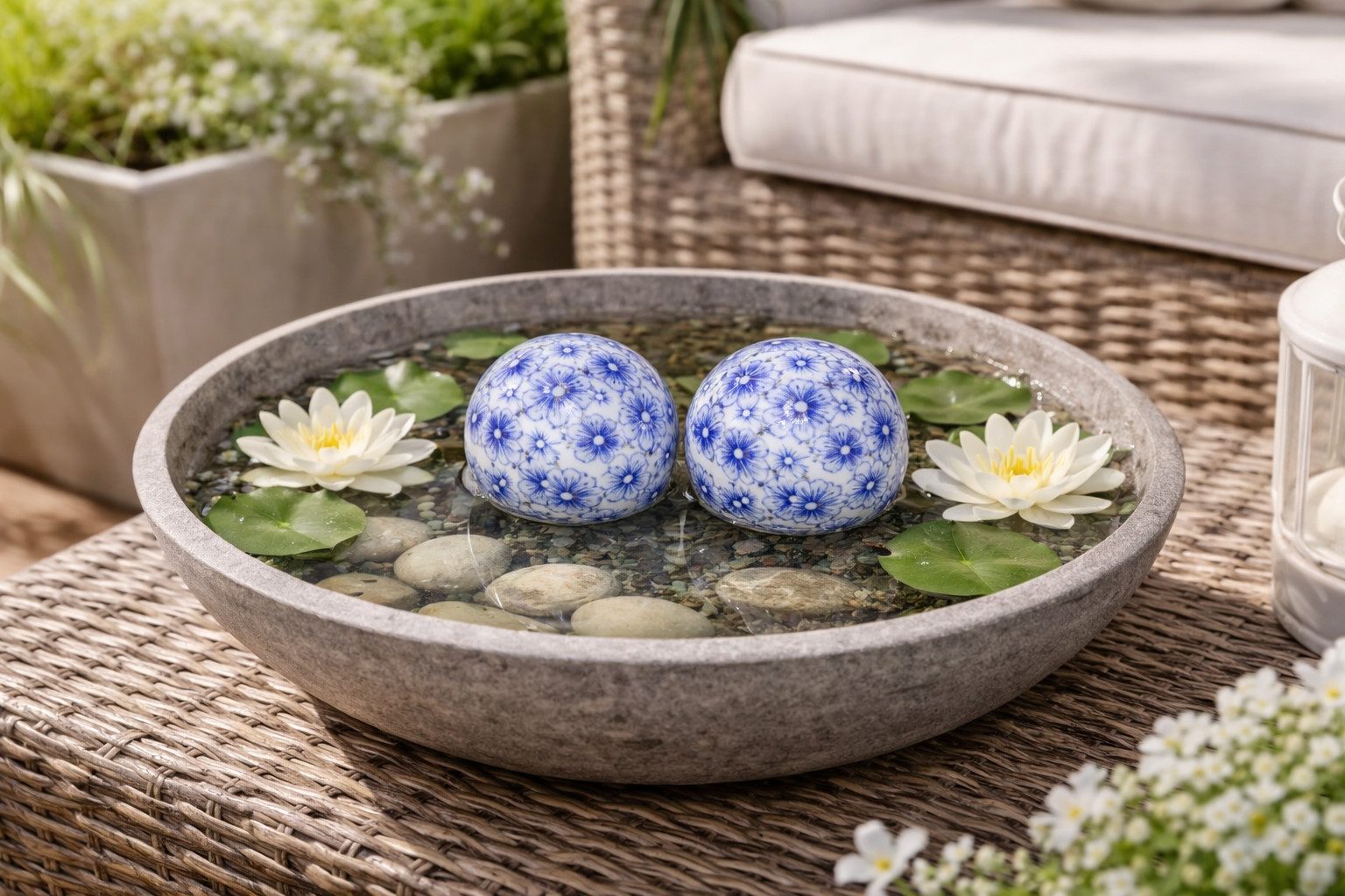 finehomegarden Teichfigur Schwimmkugel blau/weiß Ø4cm/Ø6cm/Ø7,5cm Blüten Porzellan Deko, (Set), Schwimmende Kugeln für Teich, Brunnen & Wasserschalen 3Größen wä – Bild 2 von 5