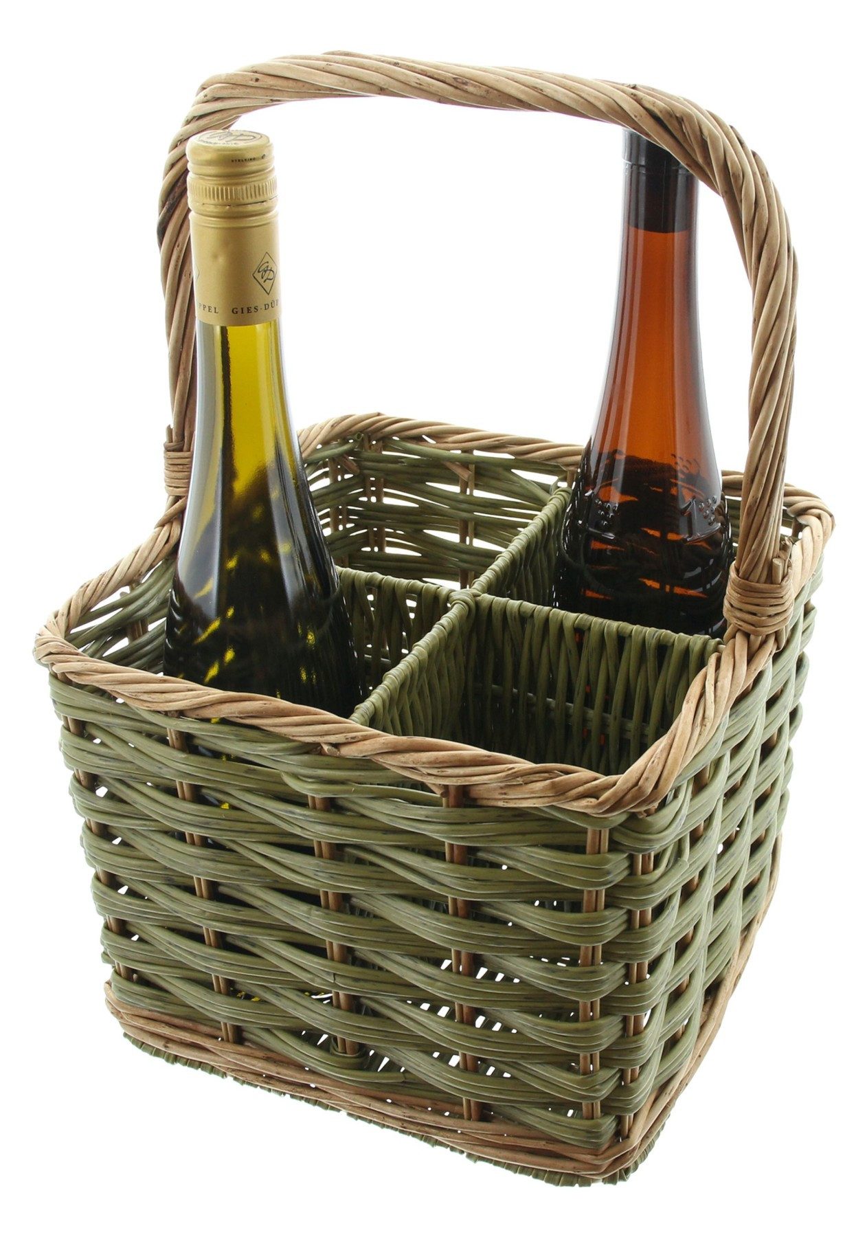 Dekoleidenschaft Flaschenträger "Olivgrün" aus Weide & Polyrattan für 4 / 6 Flaschen, Flaschenkorb, Korb, Getränketräger, Getränkekorb für Weinflaschen Bier Saft Wasser