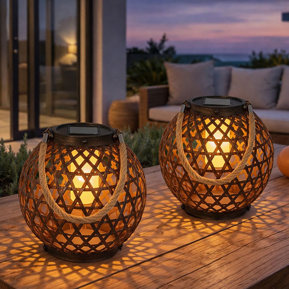 GLOBO LIGHTING LED Solarleuchte, LED-Leuchtmittel fest verbaut, Warmweiß, 2er Set Solarlampe Außen Kugelleuchte LED rost Feuereffekt Hanfseil