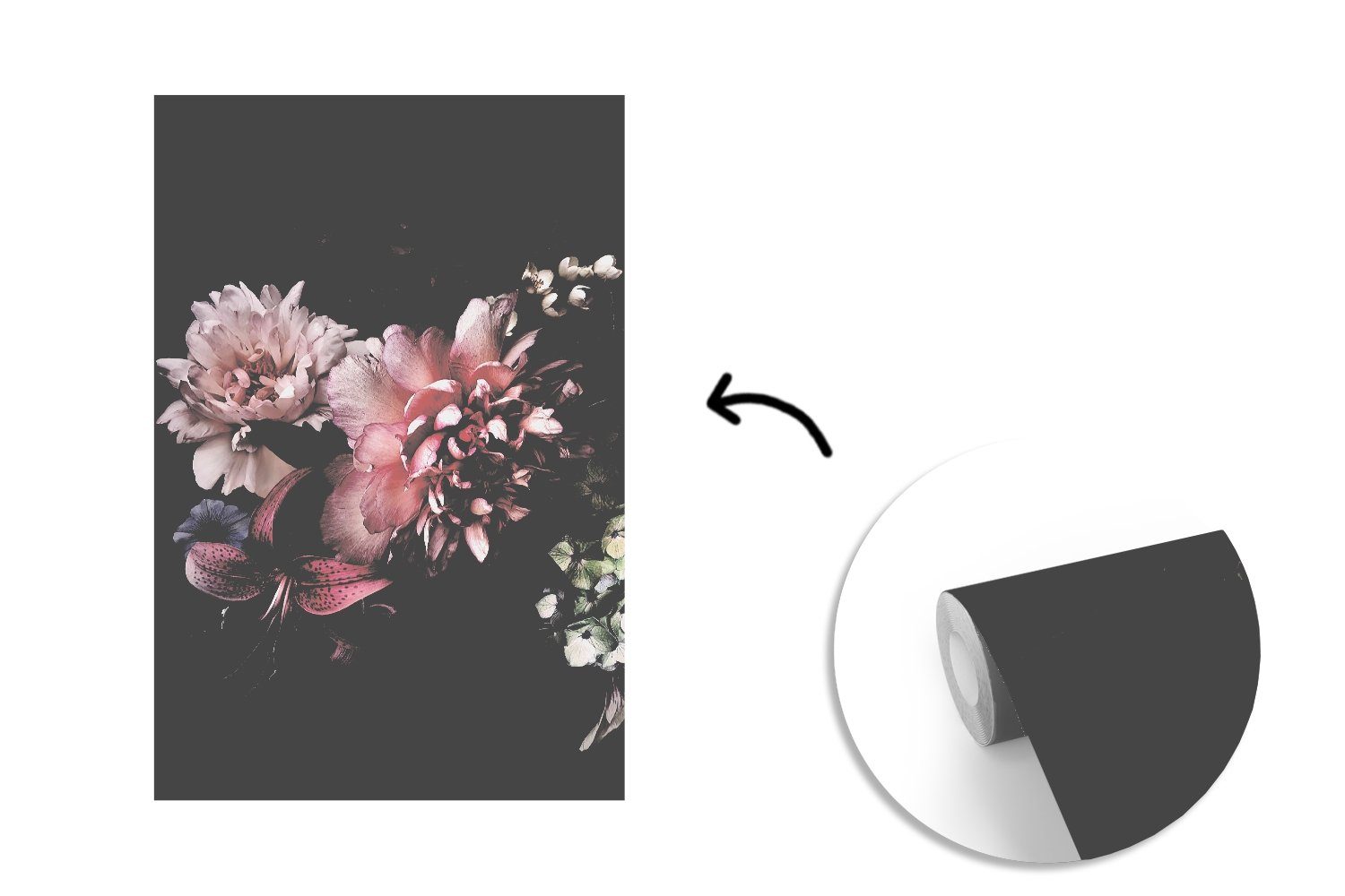 - bedruckt, (3 Vintage Blumenstrauß, Schwarz St), Vinyl - - Pastell Montagefertig Tapete Wandtapete - Matt, Blumen MuchoWow Wohnzimmer, für Fototapete