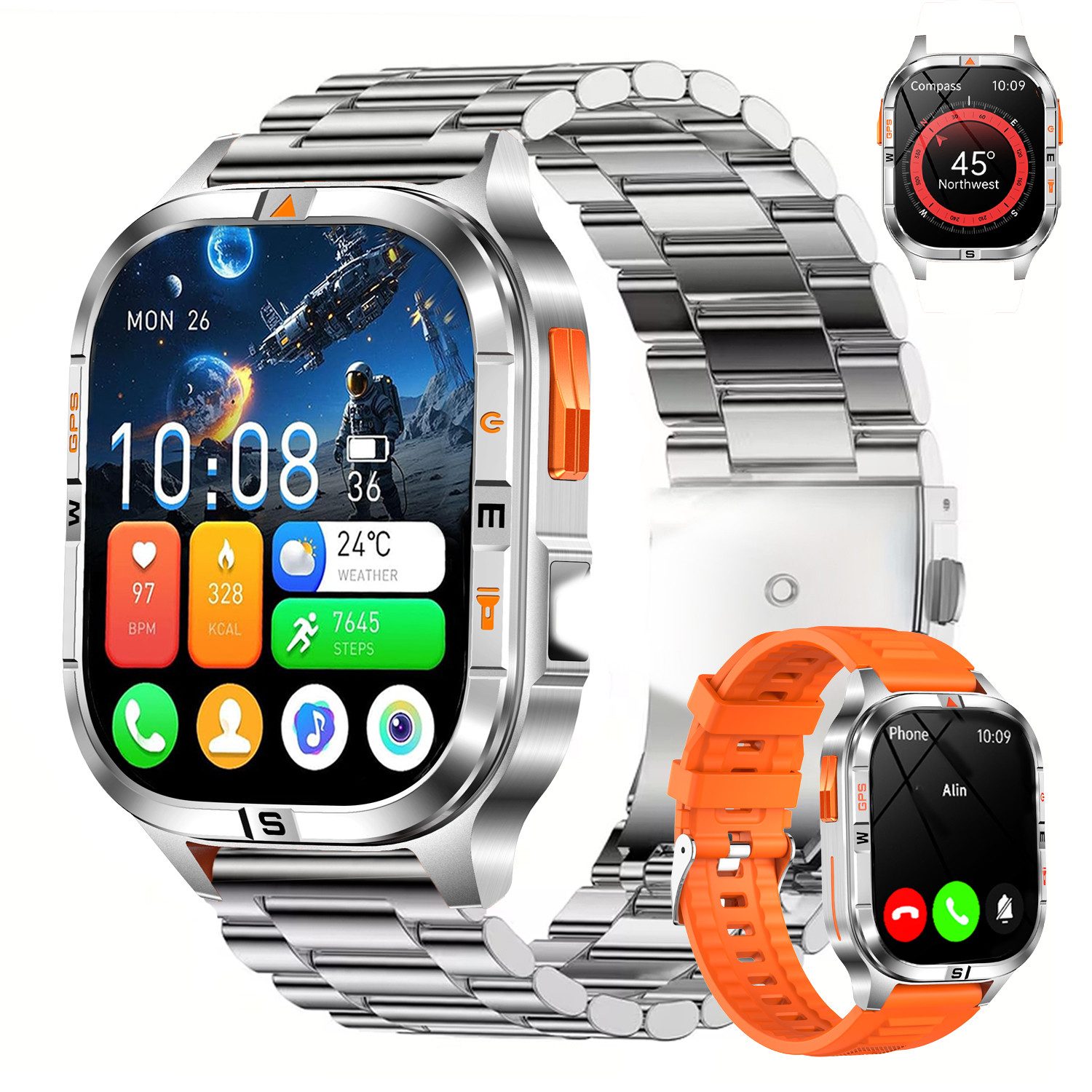 ANYSUN GPS Smartwatch Herren Militär mit LED Taschenlampen,Outdoor Smartwatch IP68 Wasserdicht Fitnessuhr,Kompass Smartwatch mit Telefonfunktion, Zwei Armbänder (Silikon + Metall), 100 Sportmodi, Pulsmesser,Schlafmonitor,Android/iOS