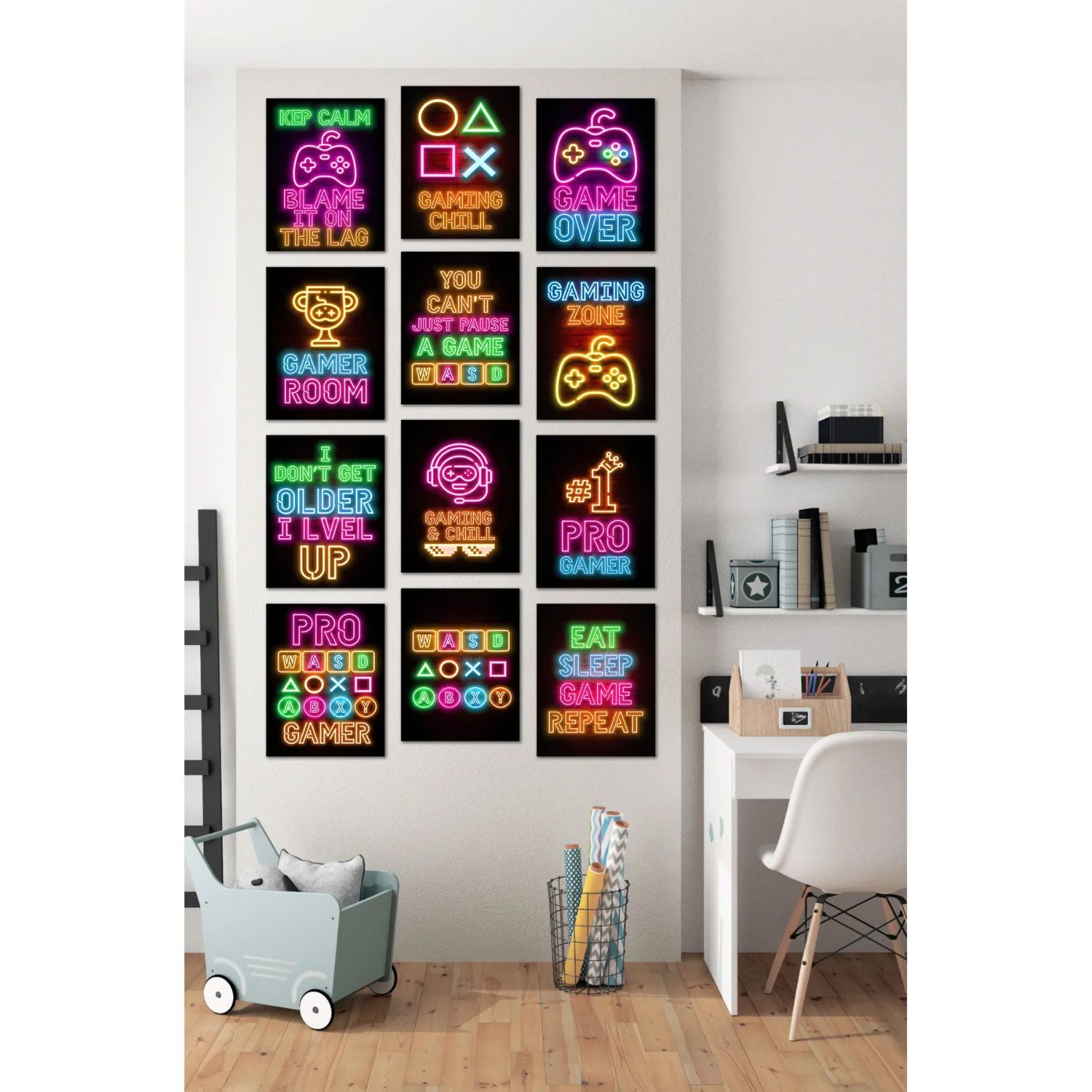 Jungengel Wandbild Gamer Zocker 12-Teilig Wanddeko Gaming-Room Spielzimmer, günstig online kaufen