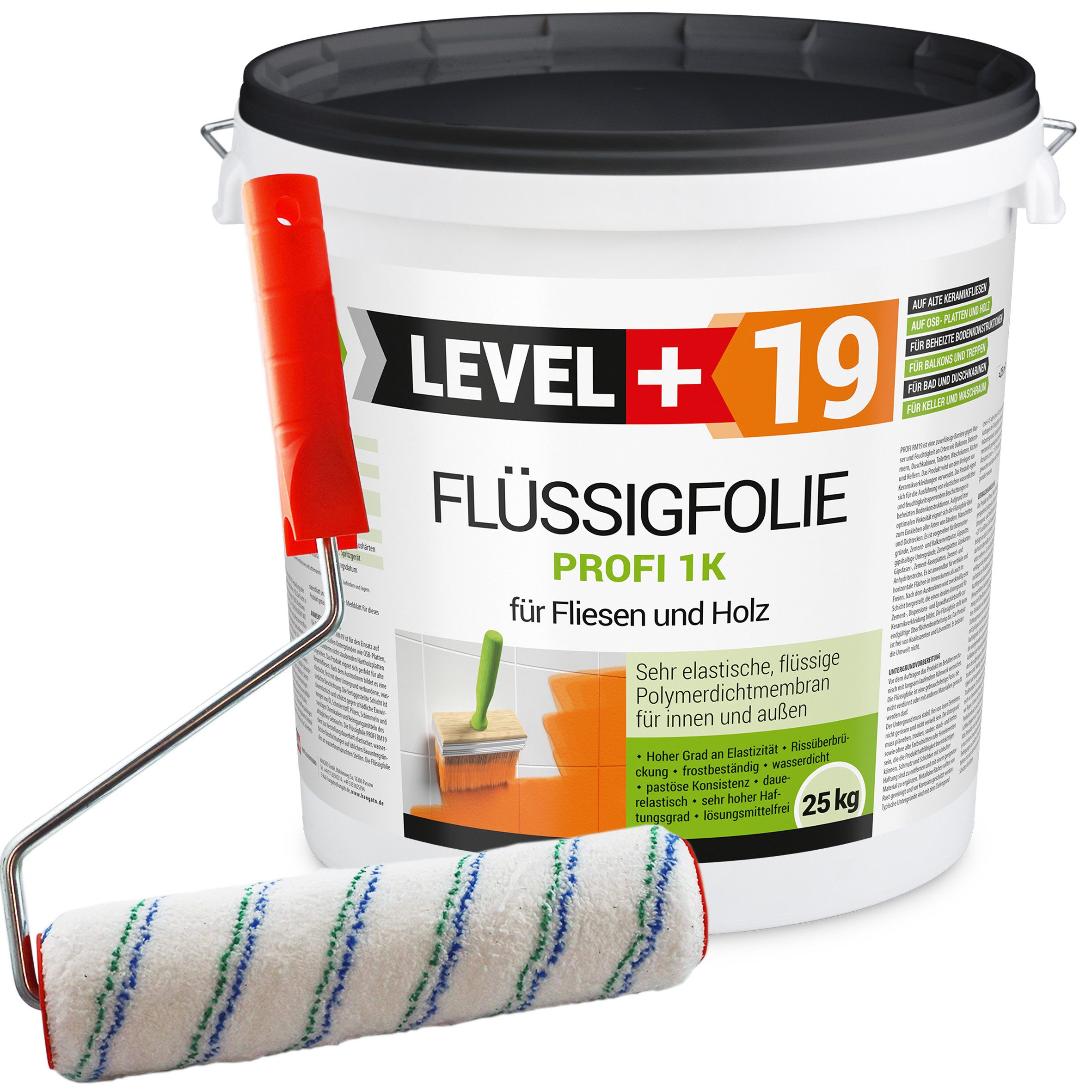 Level+ Dichtstoff Flüssigfolie Dichtfolie Abdichtung Fliesen L+19 - 25KG + Farbroller