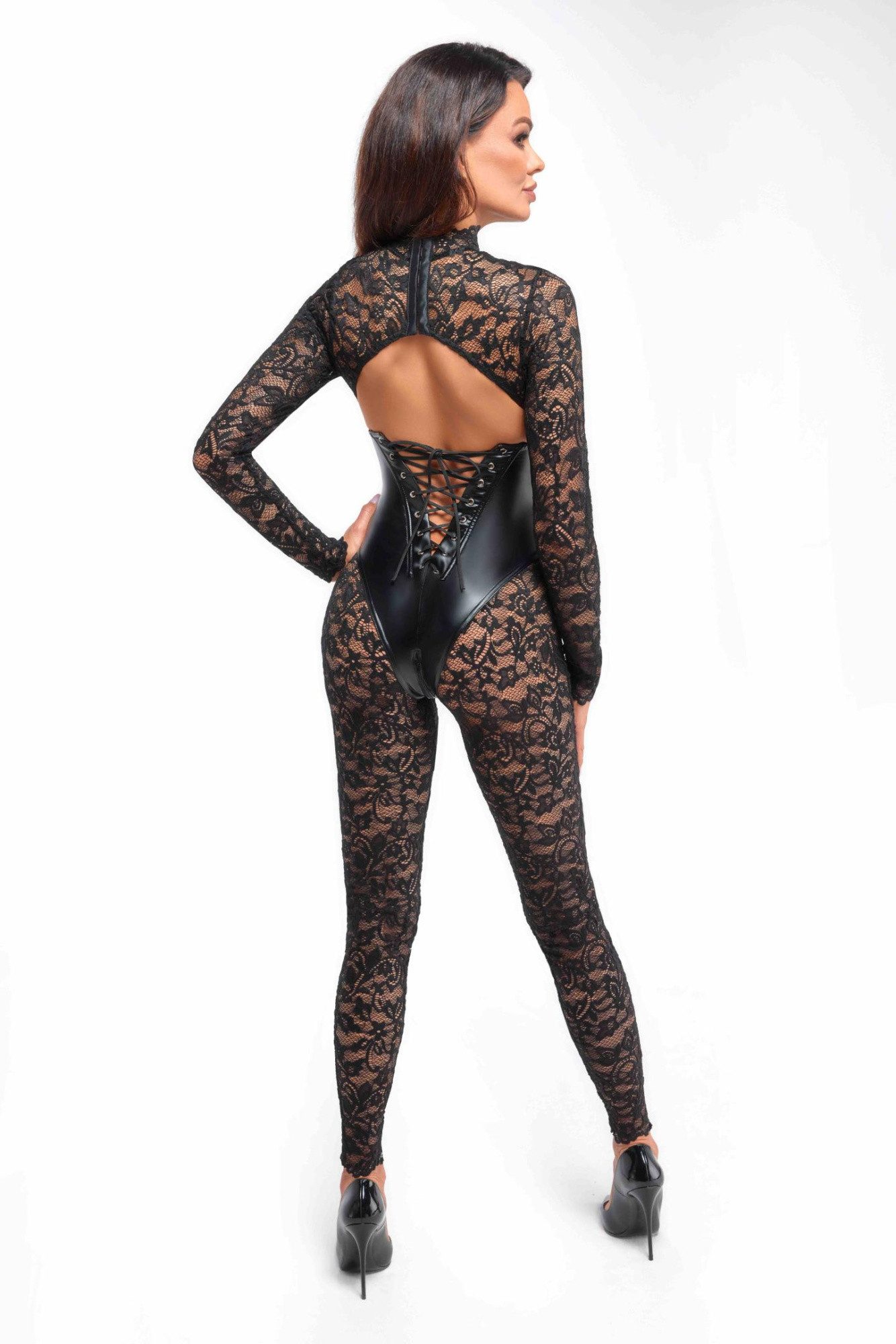 Noir Handmade Stringbody Schwarzer Damen Dessous Bodystocking mit Unterbrust-Corsage aus Spitze
