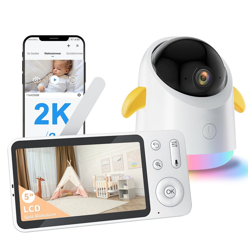 Video-Babyphone 2K Babyphone mit Kamera 5" UHD Babyphone 3000mAh Akku