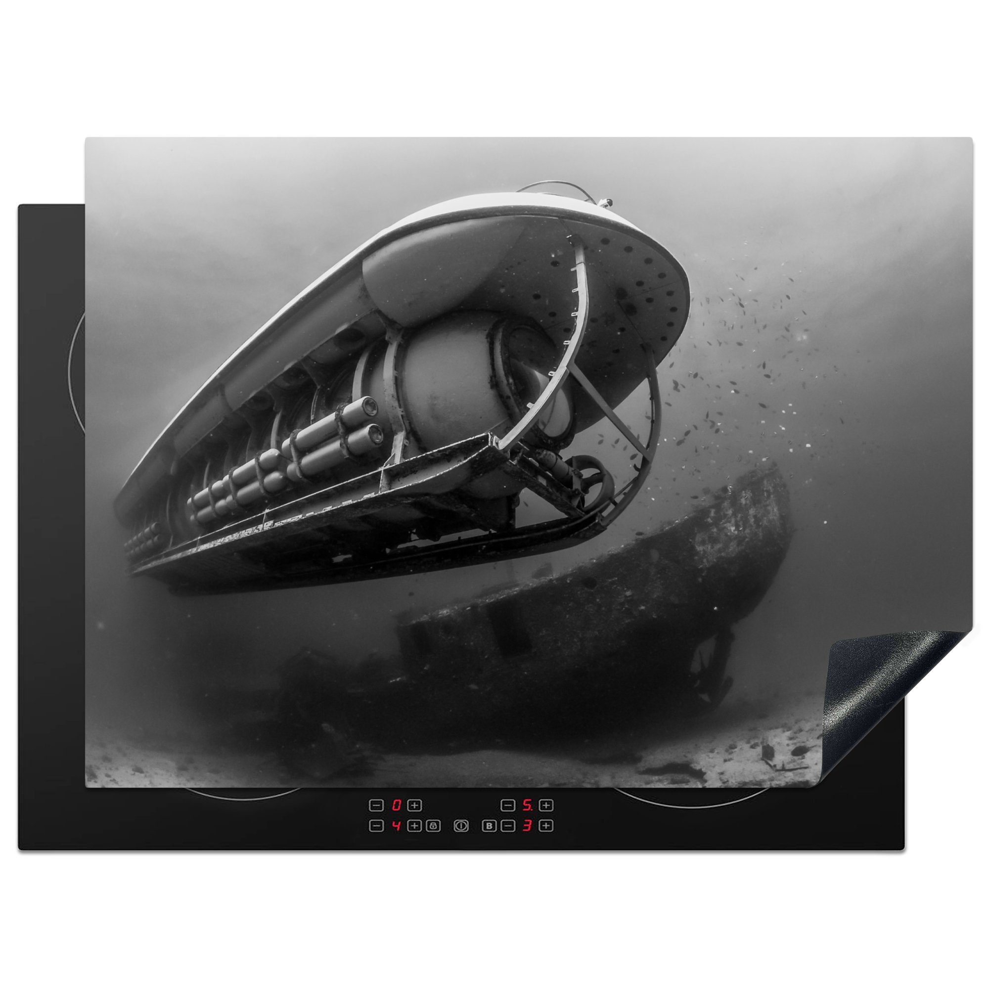 MuchoWow Herdblende-/Abdeckplatte Ein U-Boot vor Oahu in Hawaii in schwarz-weiß, Vinyl, (1 tlg), 70x52 cm, Mobile Arbeitsfläche nutzbar, Ceranfeldabdeckung