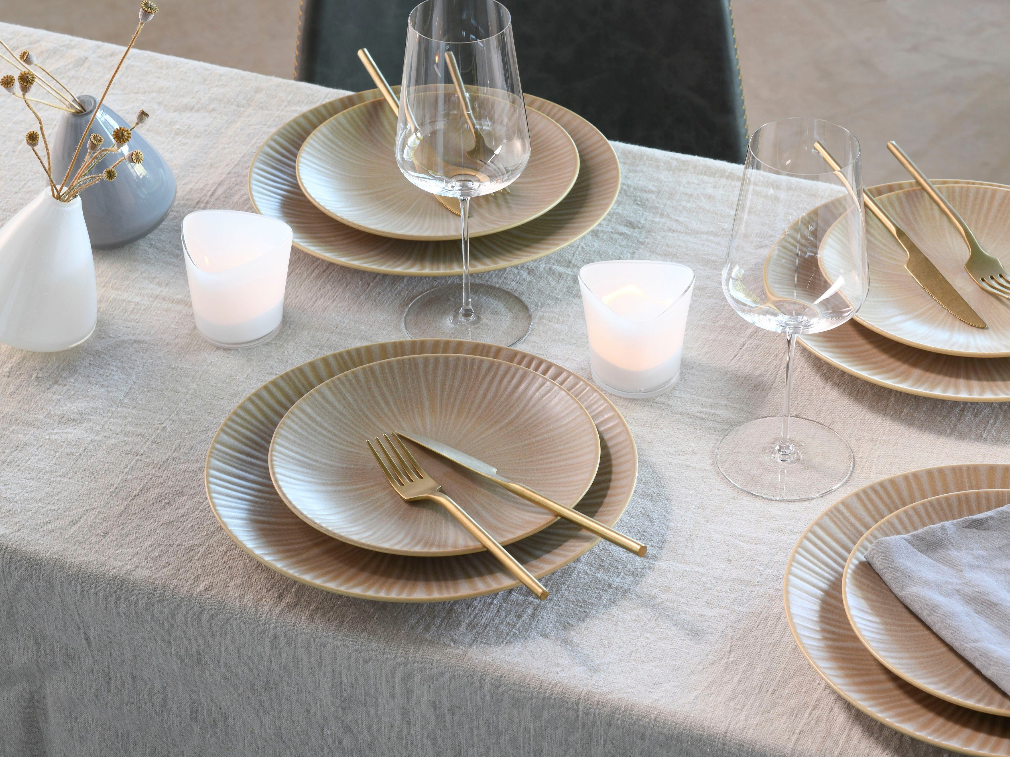CreaTable Teller-Set Vesuvio Sand (12-tlg), 4 Personen, Steinzeug, Teller Set, seidenmatte Glasur, ausdrucksstarkes Relief