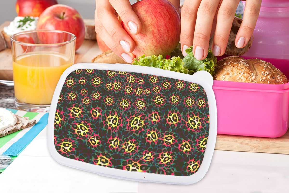 MuchoWow Lunchbox Design, Mädchen, Kunststoff, Erwachsene, Kunststoff - (2-tlg), Brotdose - Brotbox Bunt rosa Leopard Kinder, Snackbox, für