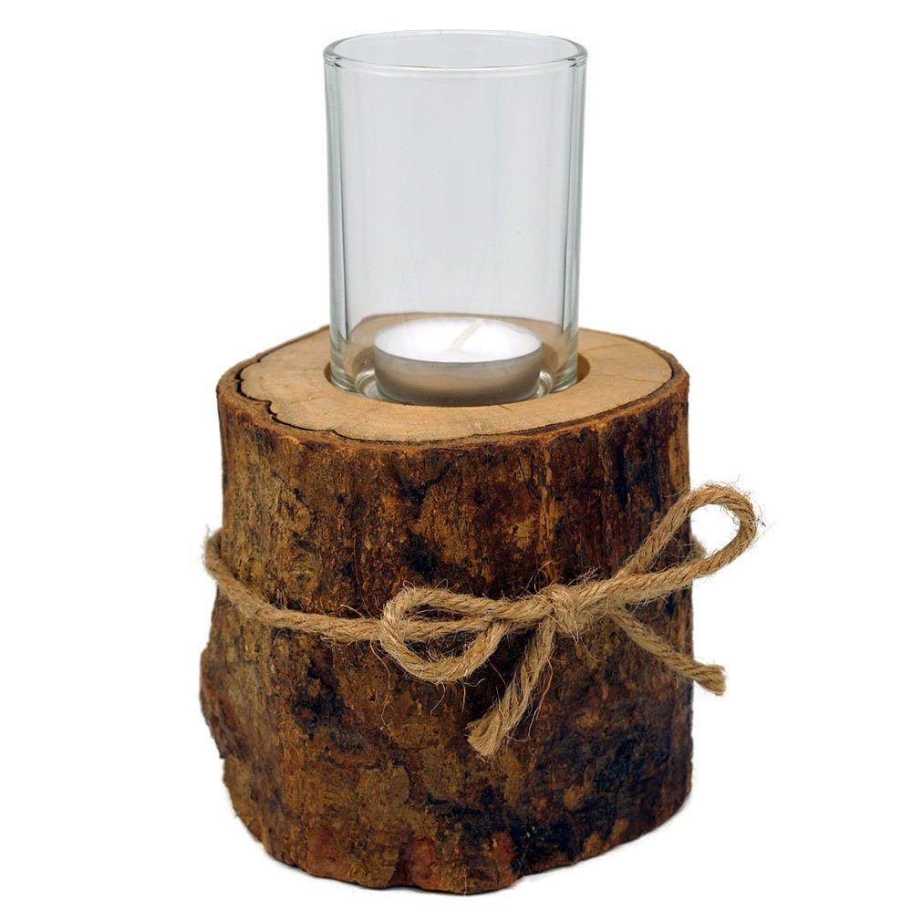 Gedeko Teelichthalter Holz Windlicht Baumstamm Deko Mango, Natur Holzstück Baumscheibe Ø ca. 10-12 cm, Höhe ca. 18 cm groß | Teelichthalter