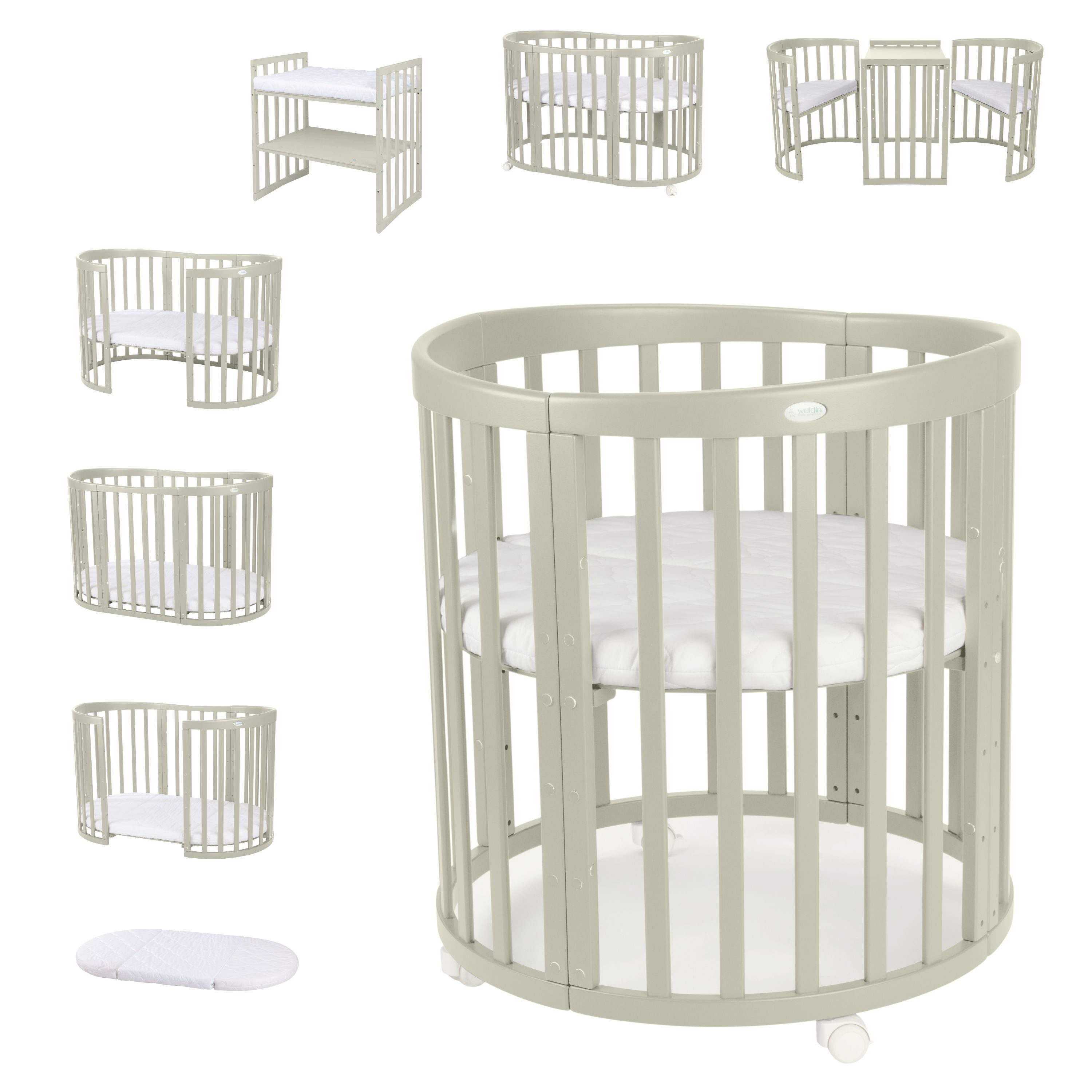 Waldin Babybett Mobiles Babybett OWAL aus Holz 7in1 mit Matratze, mitwachsend