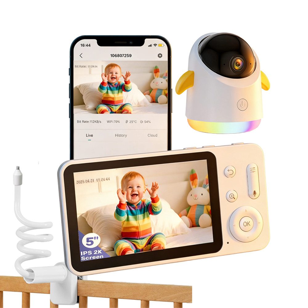 TWUFY Babyphone 2K/5,0 Zoll WLAN Babyphone mit Kamera und App IR/RBG Nachtsicht, Automatische Verfolgung, Video Babyfon PTZ 360° Überwachungskamera Innen für Haustier, Weinen/Bewegungs/Geräuscherkennung, Temperatur, Schlaflieder, 4× Zoom,Nachtlicht, 2-Wege-Audio,Feuchtigkeitsmessung