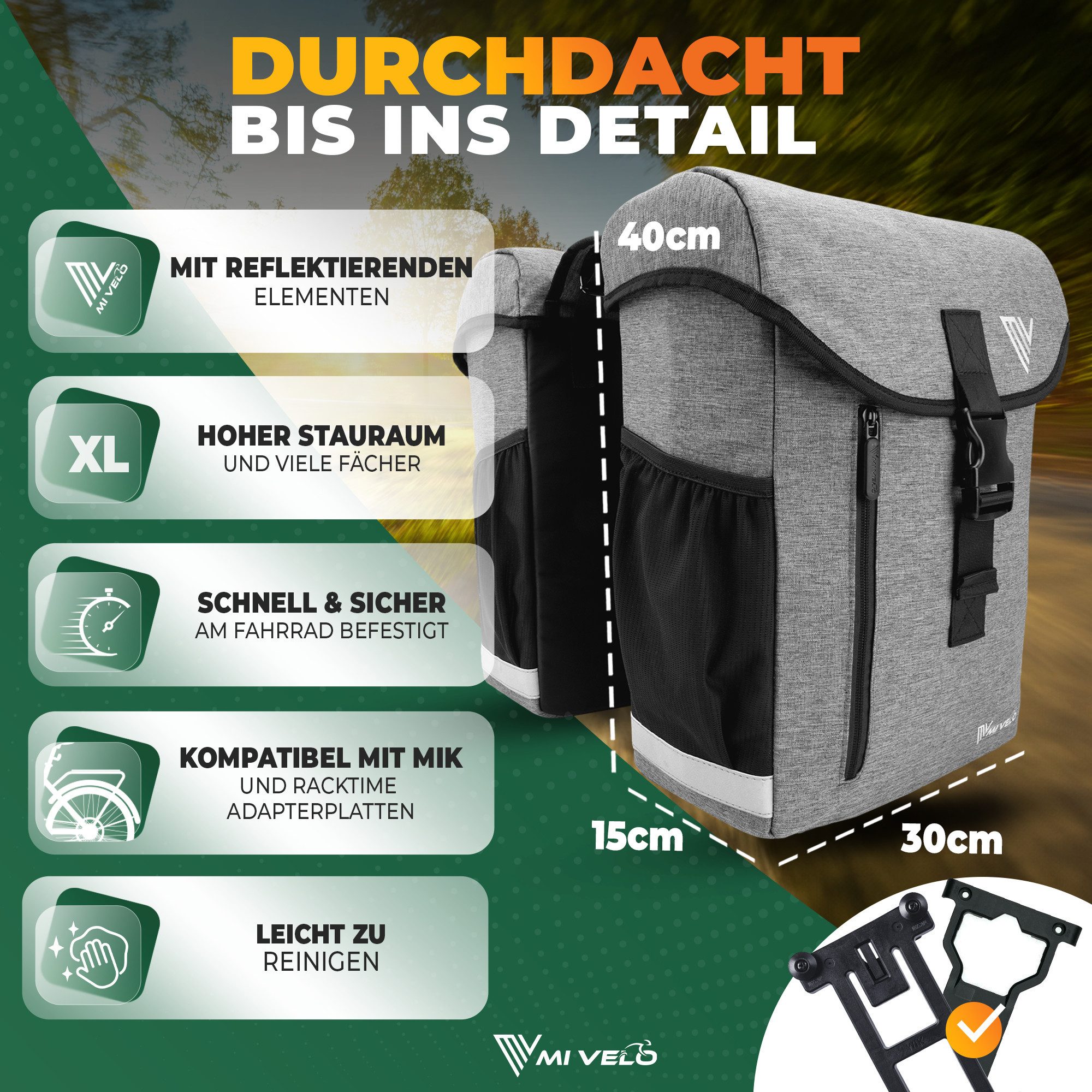 MIVELO Fahrradtasche Fahrrad Gepäckträgertasche Doppeltasche 36L inkl. Regenschutzhülle, Recyceltes Polyester