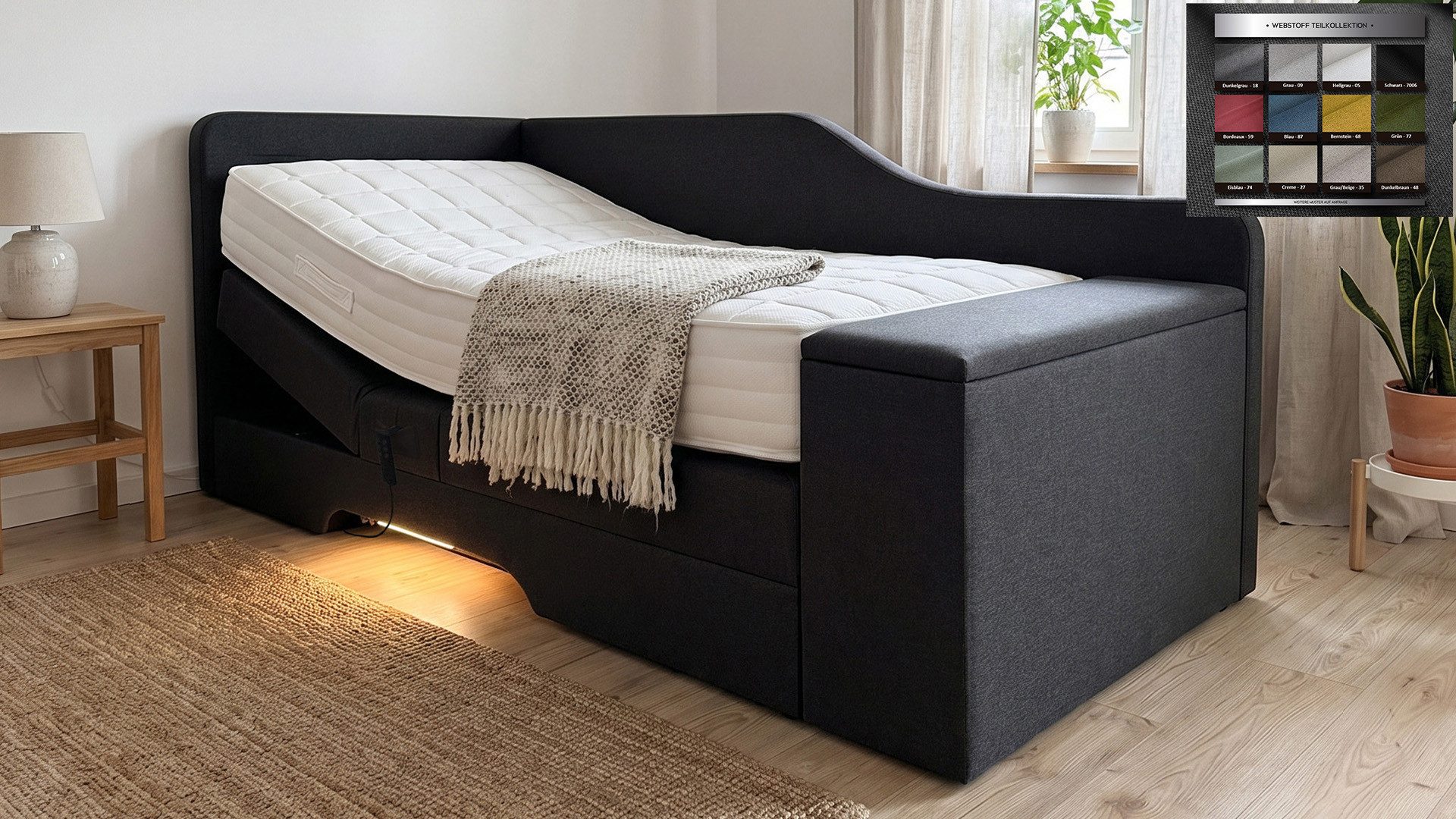 PAARA Boxspringbett elektrisch verstellbar mit LED und Truhe inkl. Matratze, mit einzigartigem Belüftungssystem