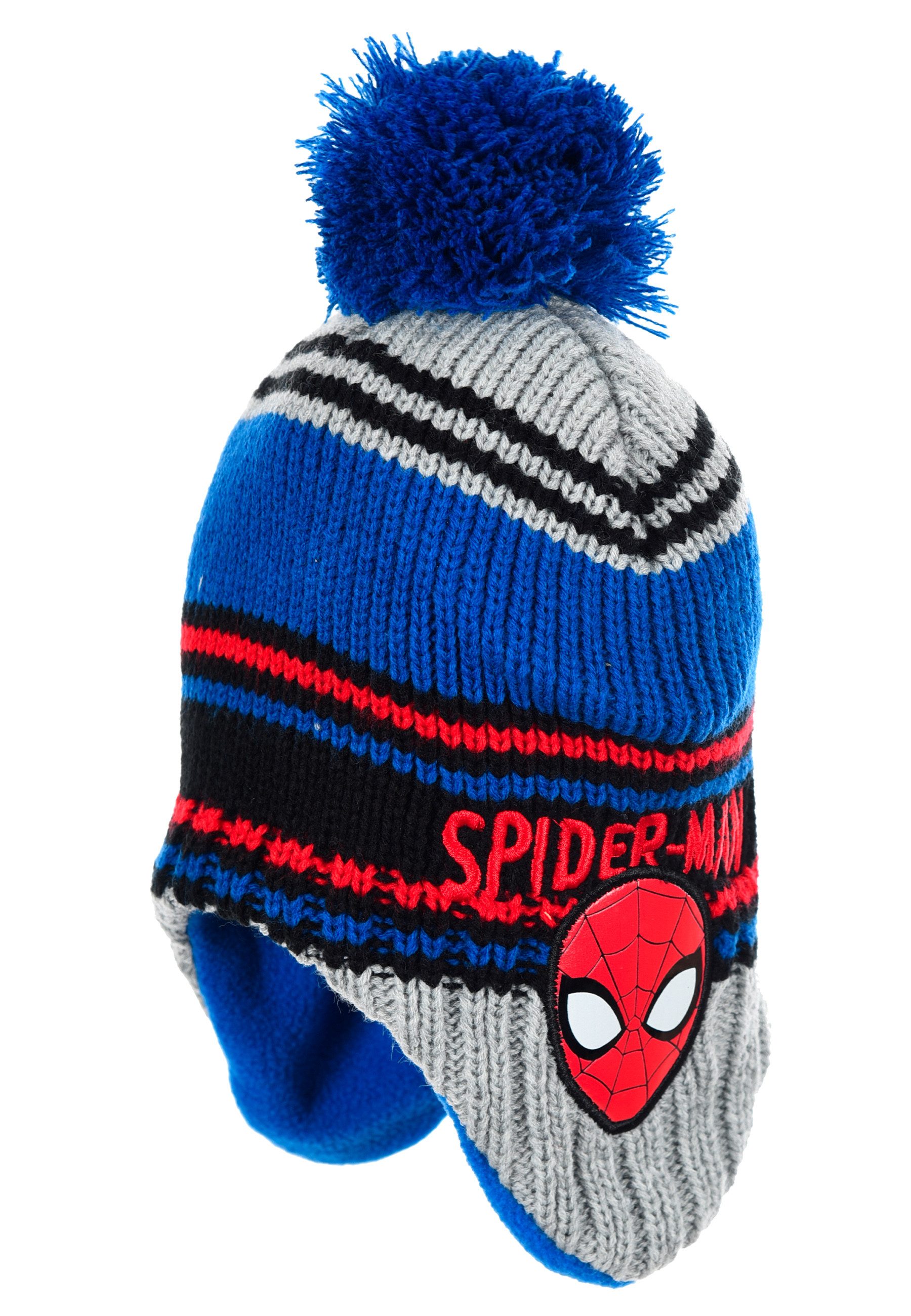 Spiderman Bommelmütze Spider-Man Kinder Wintermütze mit Bommel und Ohrenklappen Blau