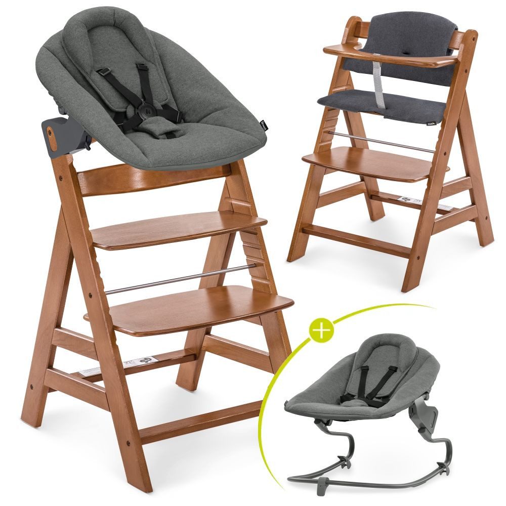 Hauck Hochstuhl Alpha Plus Walnut Newborn Set Dark Grey Set Holz Babystuhl ab Geburt inkl. Aufsatz fur Neugeborene Sitzauflage
